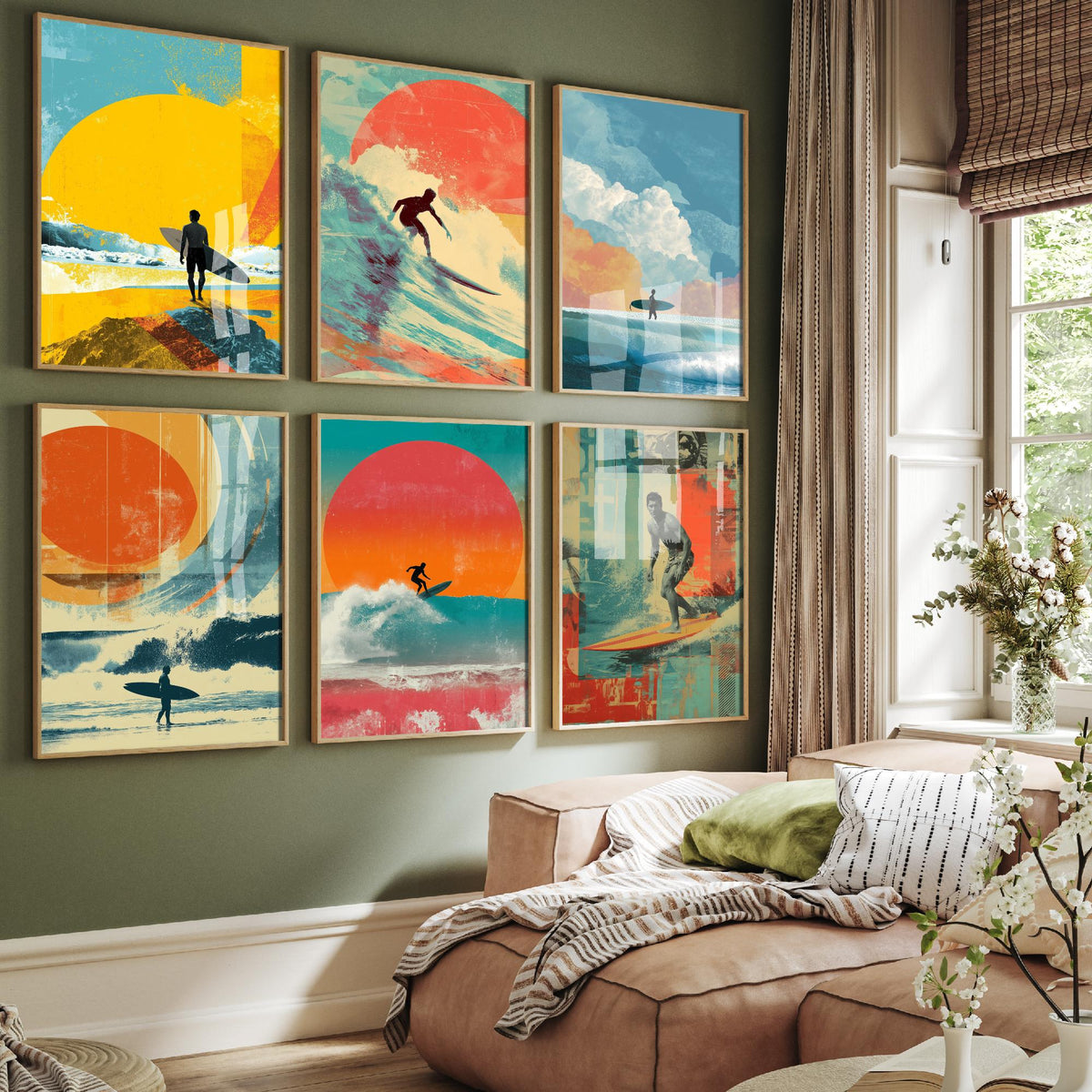 Set of Six Retro Surfing Art Prints - 6 Surf Collage Posters - Surfers, Big Waves, Setting Sun in Orange, Teal, Yellow Illustration