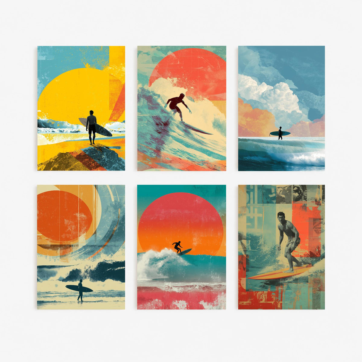 Set of Six Retro Surfing Art Prints - 6 Surf Collage Posters - Surfers, Big Waves, Setting Sun in Orange, Teal, Yellow Illustration