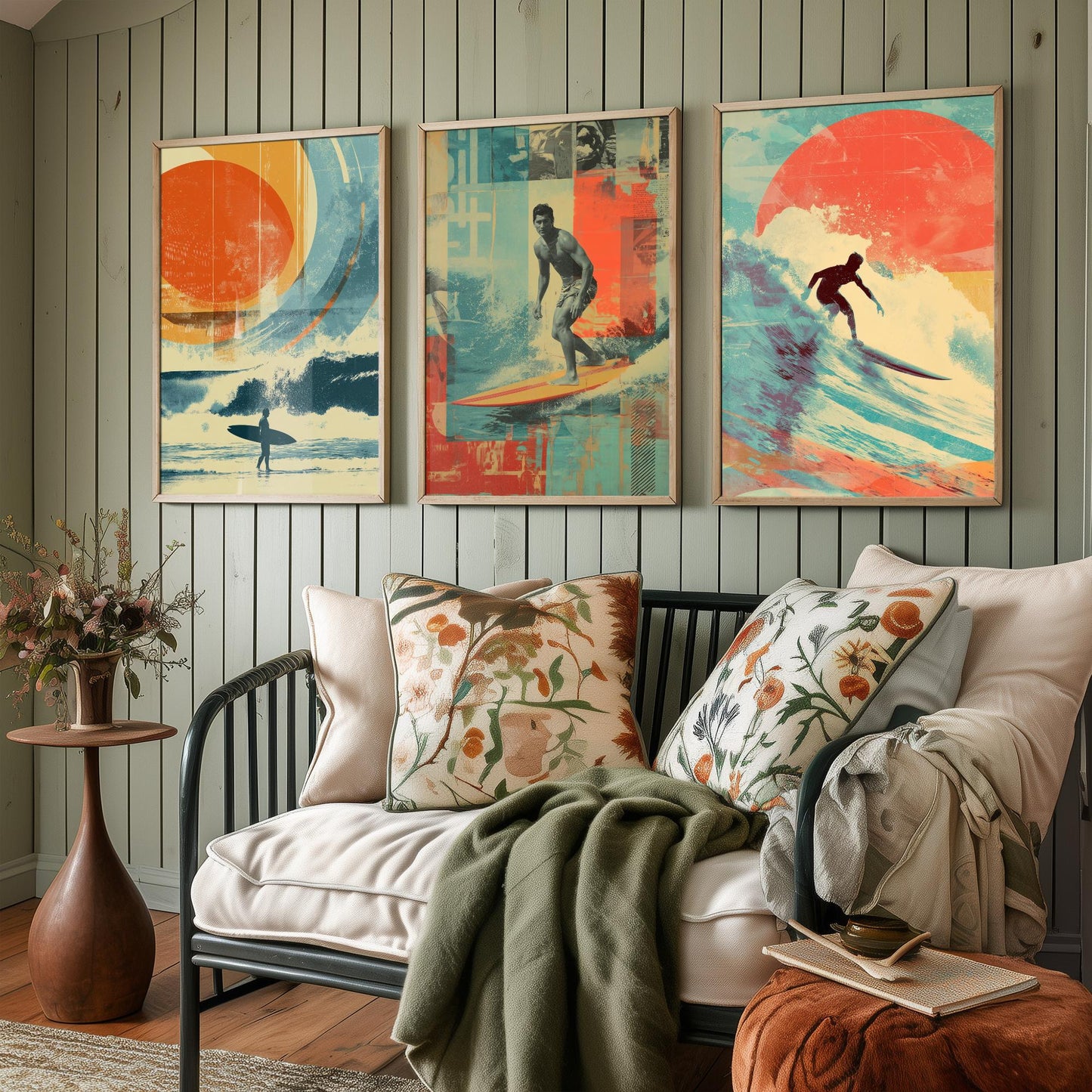 Retro Surf Set of Three Art Prints - Vintage Surfer Wave Collage Posters - Mixed Media Illustration Beach Gift V1