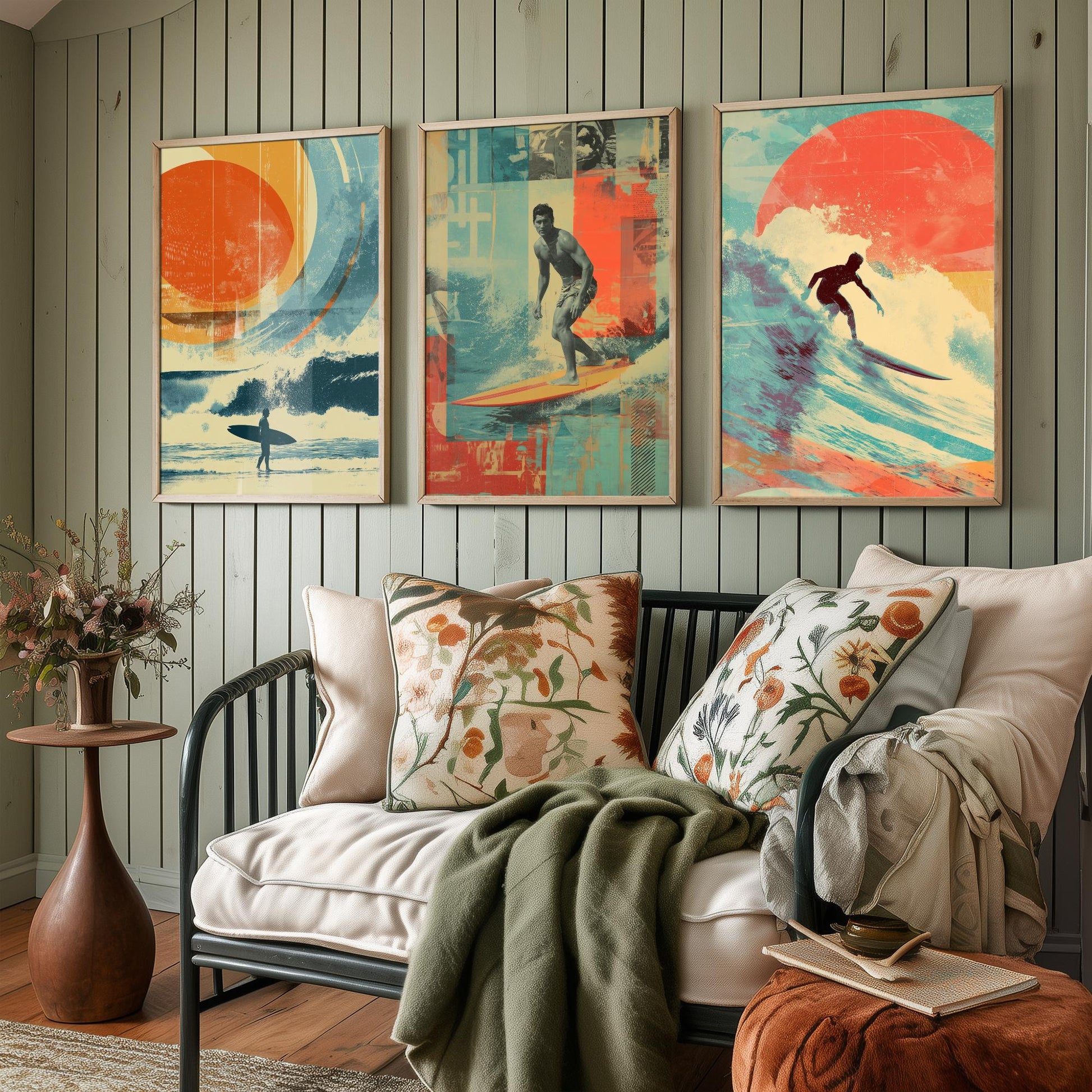 Retro Surf Set of Three Art Prints - Vintage Surfer Wave Collage Posters - Mixed Media Illustration Beach Gift V1