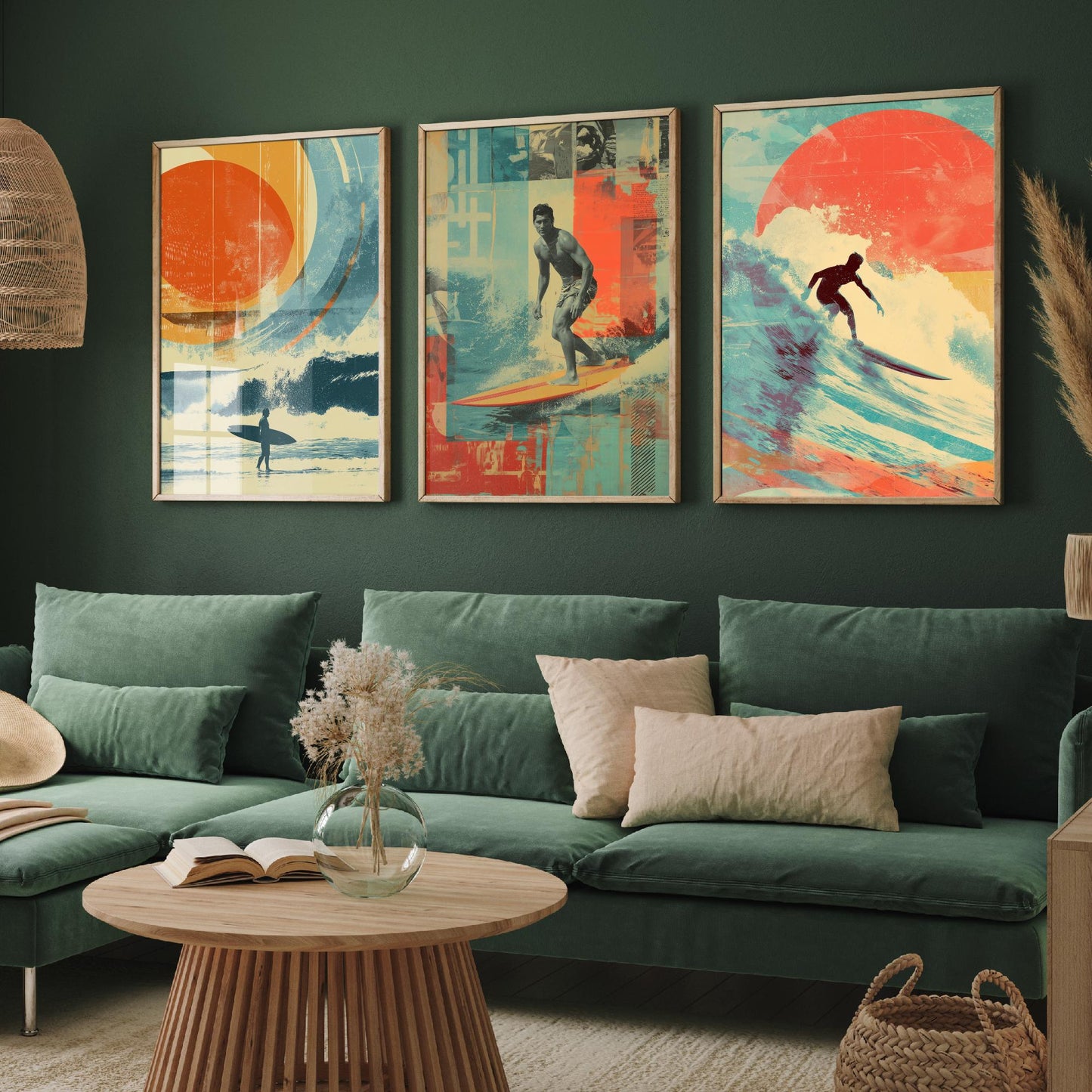 Retro Surf Set of Three Art Prints - Vintage Surfer Wave Collage Posters - Mixed Media Illustration Beach Gift V1