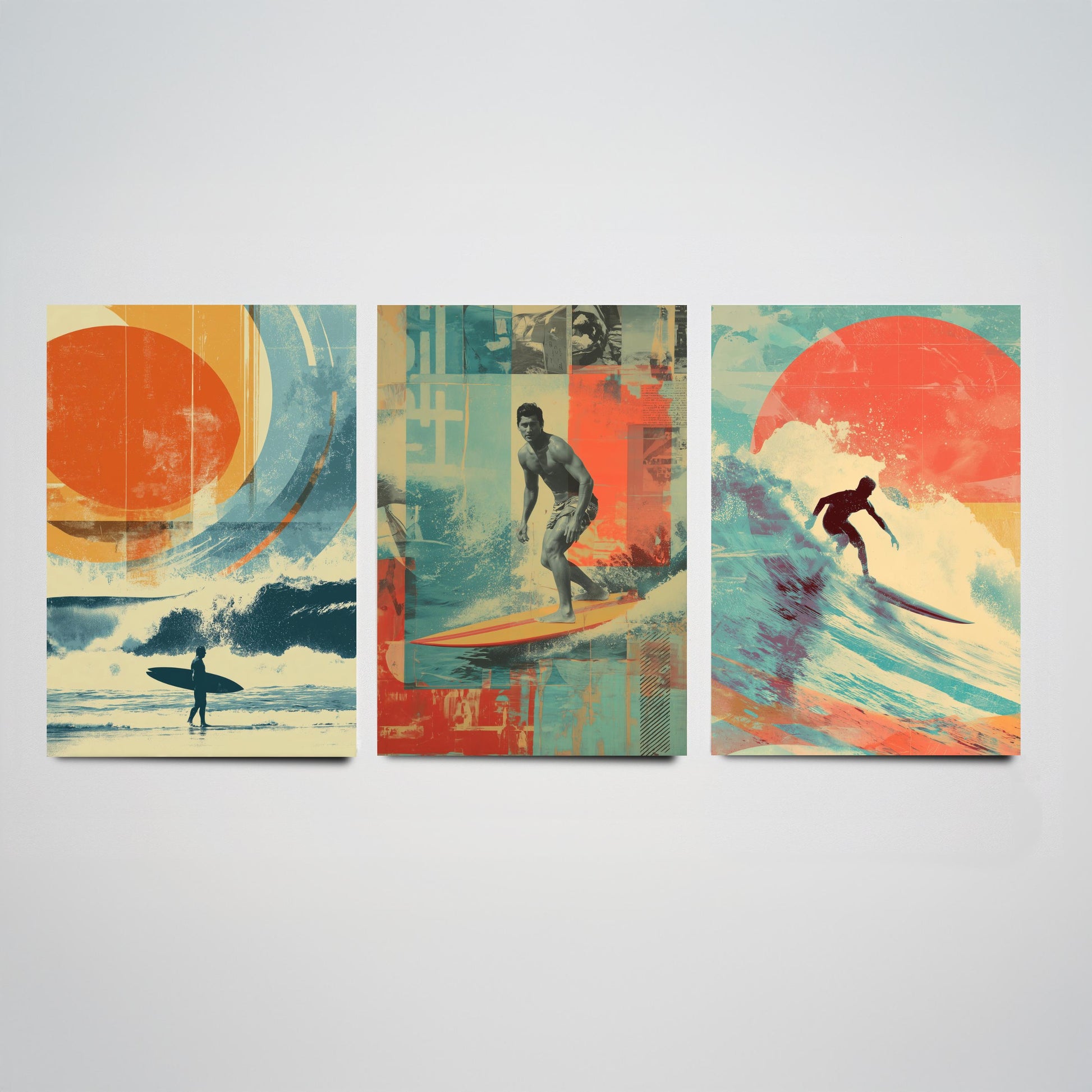 Retro Surf Set of Three Art Prints - Vintage Surfer Wave Collage Posters - Mixed Media Illustration Beach Gift V1