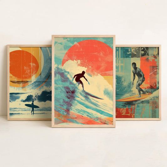 Retro Surf Set of Three Art Prints - Vintage Surfer Wave Collage Posters - Mixed Media Illustration Beach Gift V1