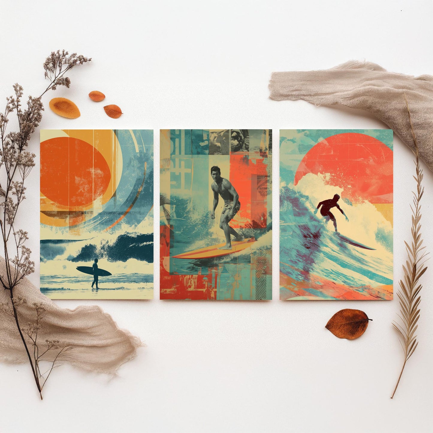 Retro Surf Set of Three Art Prints - Vintage Surfer Wave Collage Posters - Mixed Media Illustration Beach Gift V1