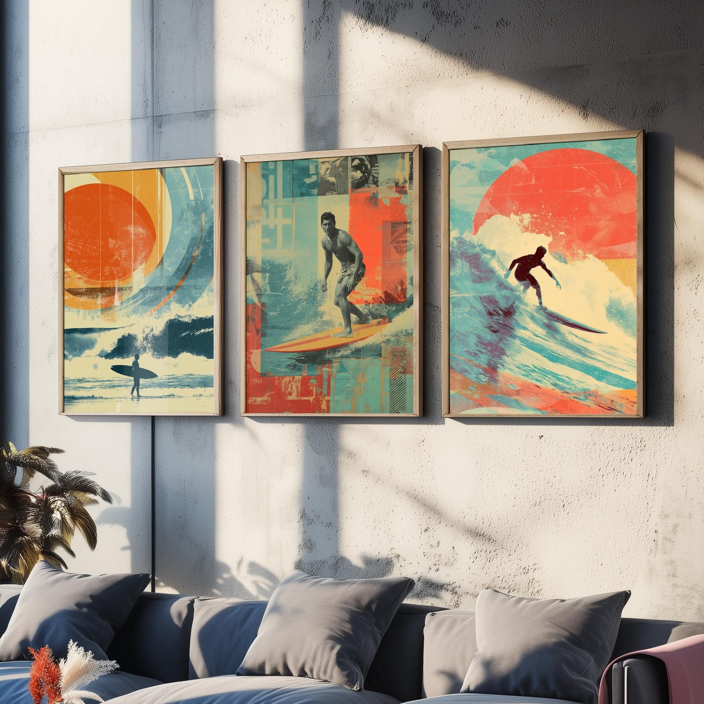 Retro Surf Set of Three Art Prints - Vintage Surfer Wave Collage Posters - Mixed Media Illustration Beach Gift V1