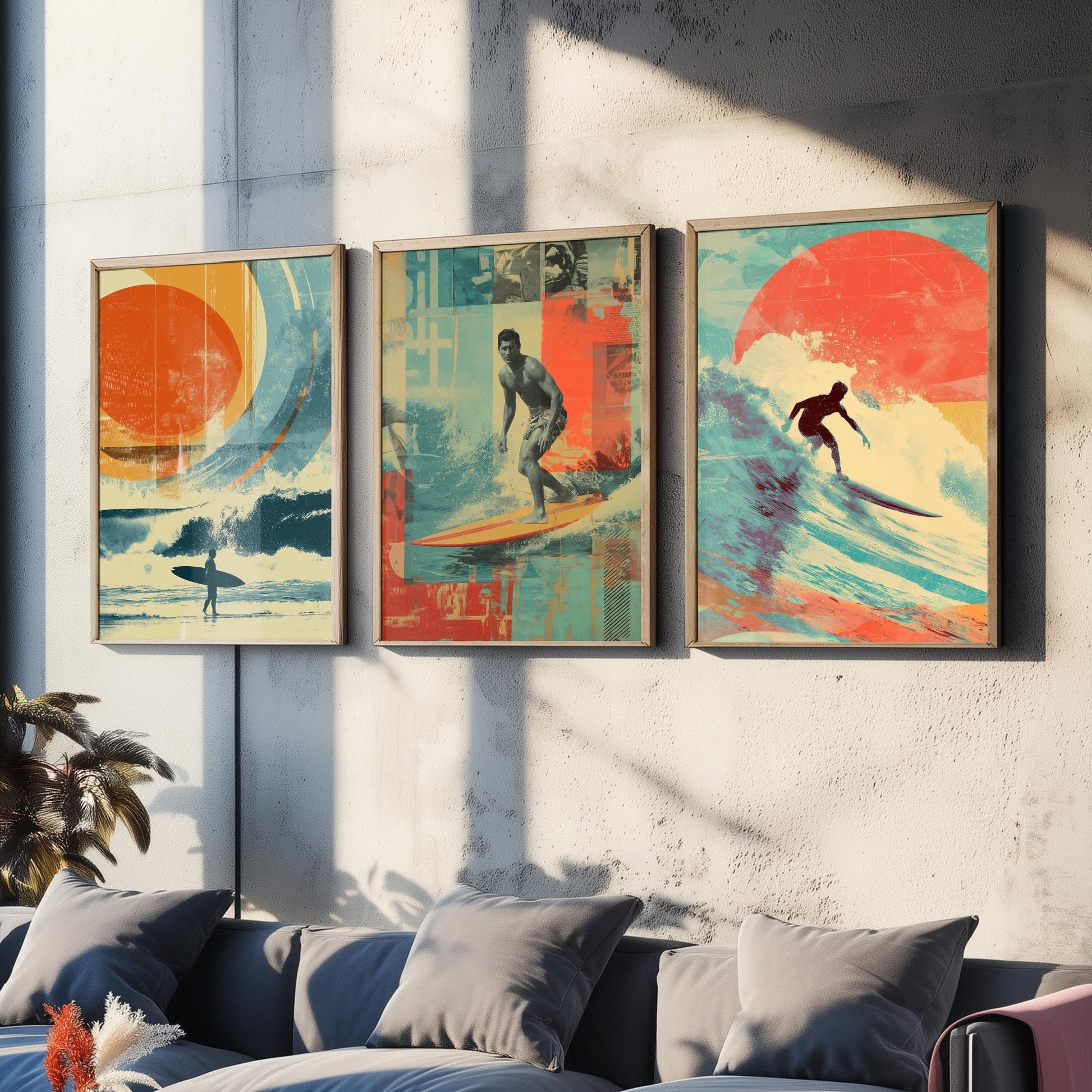 Retro Surf Set of Three Art Prints - Vintage Surfer Wave Collage Posters - Mixed Media Illustration Beach Gift V1