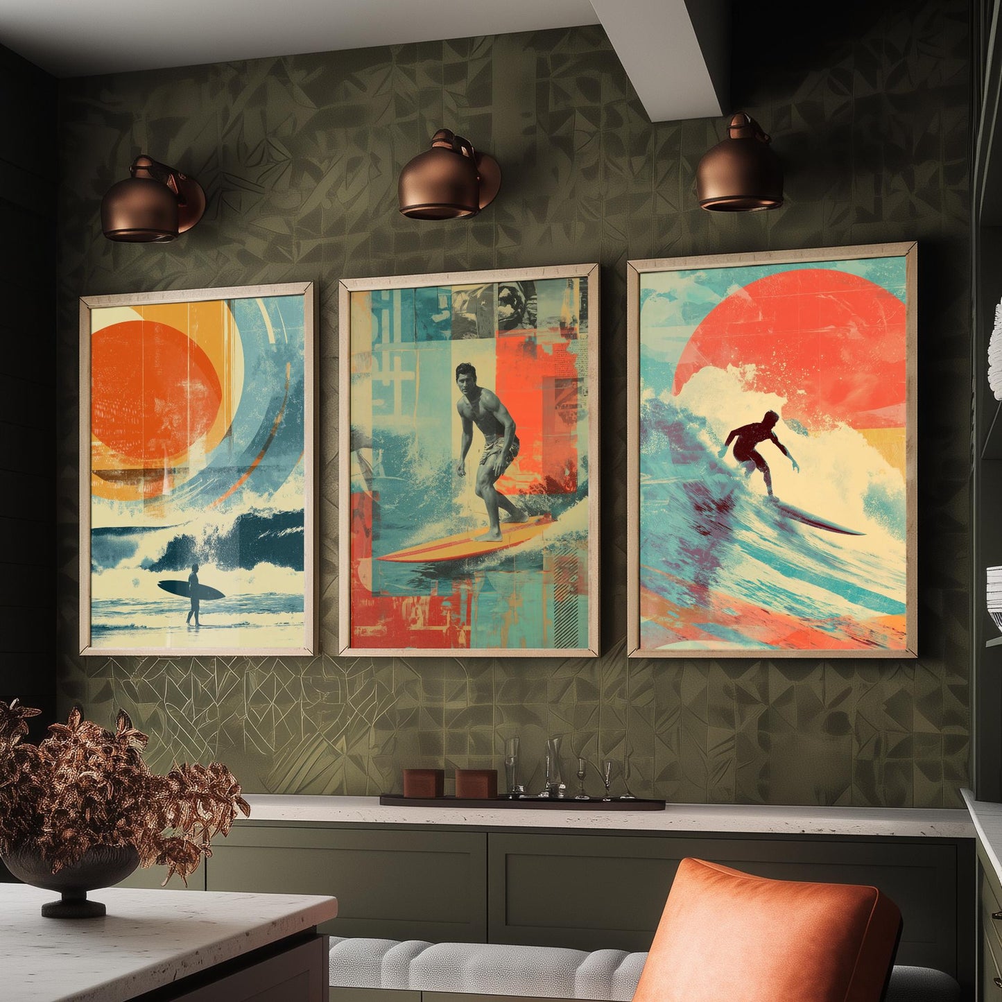 Retro Surf Set of Three Art Prints - Vintage Surfer Wave Collage Posters - Mixed Media Illustration Beach Gift V1