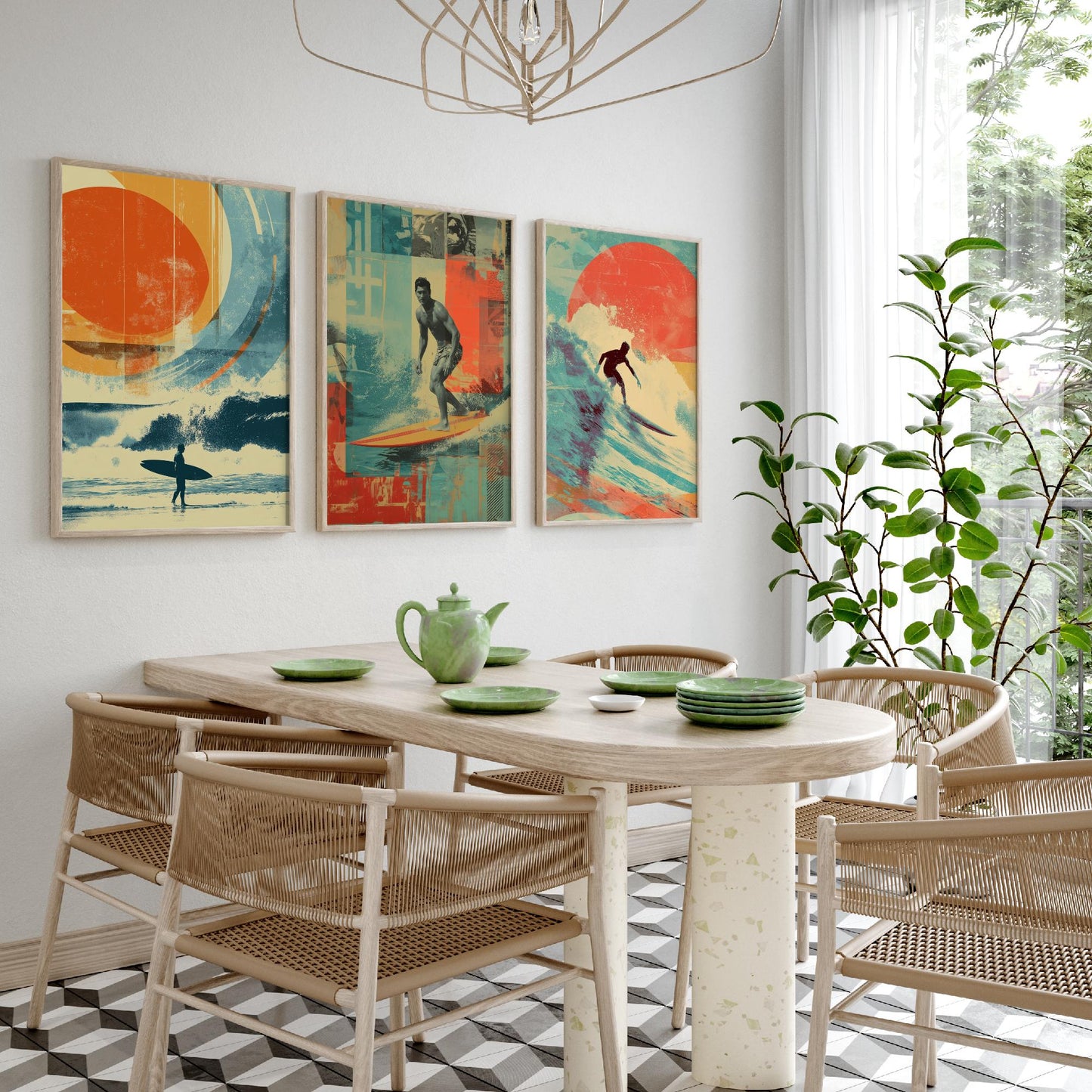 Retro Surf Set of Three Art Prints - Vintage Surfer Wave Collage Posters - Mixed Media Illustration Beach Gift V1