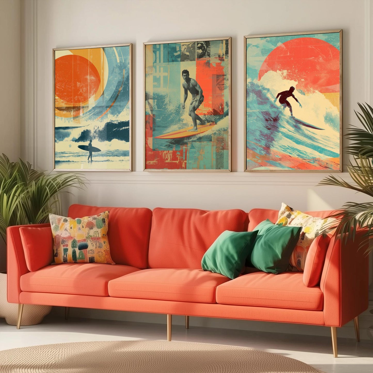 Retro Surf Set of Three Art Prints - Vintage Surfer Wave Collage Posters - Mixed Media Illustration Beach Gift V1