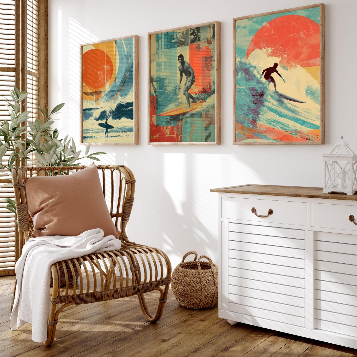 Retro Surf Set of Three Art Prints - Vintage Surfer Wave Collage Posters - Mixed Media Illustration Beach Gift V1