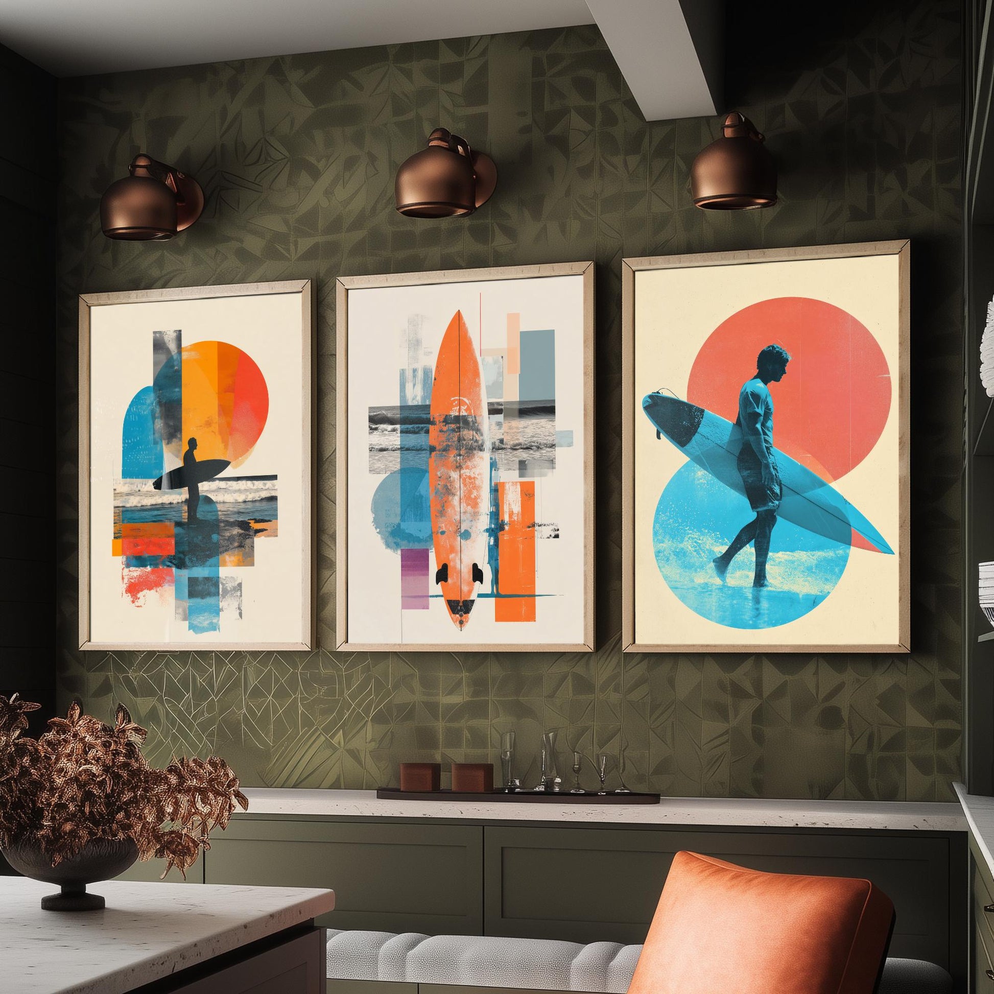 Abstract Surf Set of Three Art Prints - Geometric Surfboard Collage Posters - Modern Mixed Media Illustration Gift V2