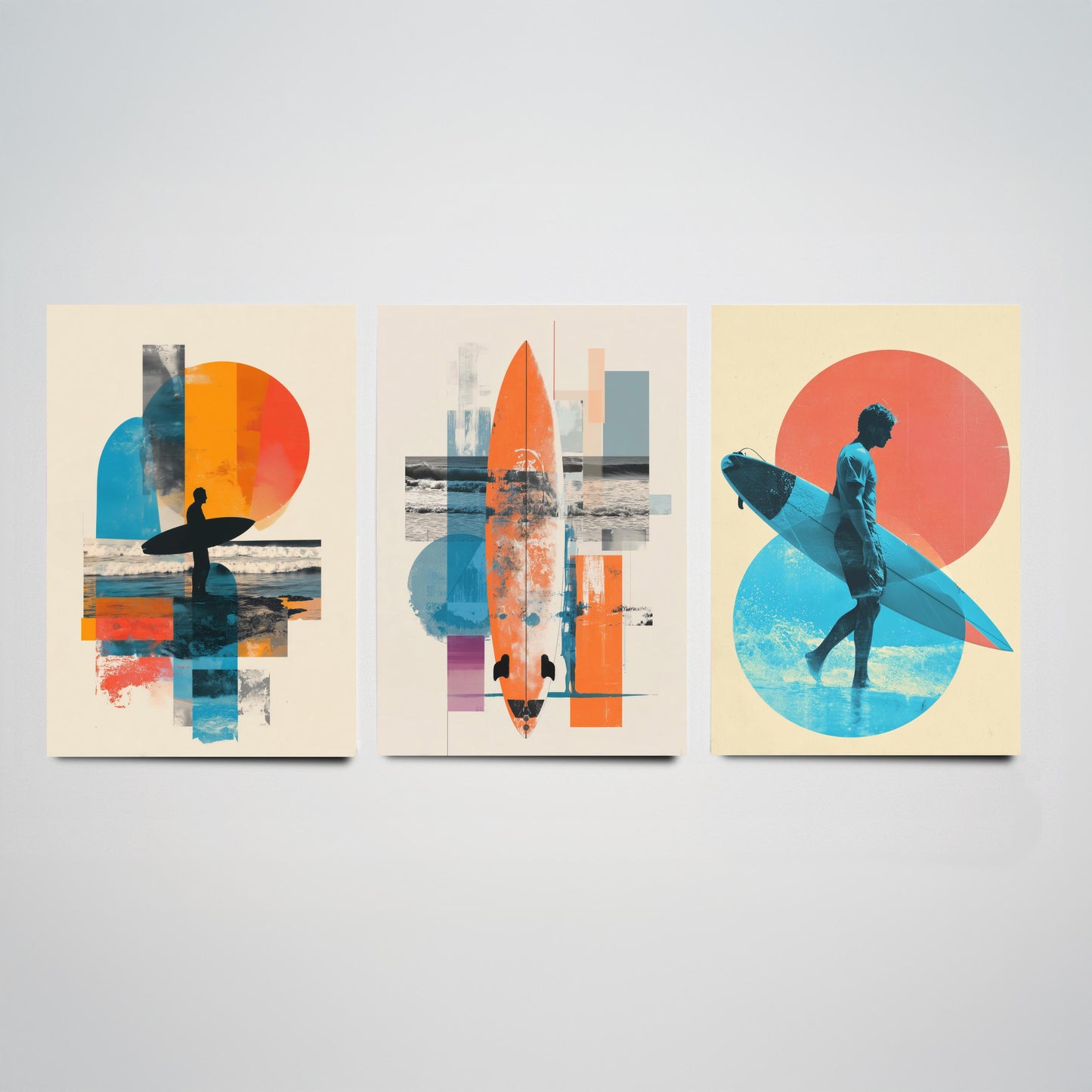 Abstract Surf Set of Three Art Prints - Geometric Surfboard Collage Posters - Modern Mixed Media Illustration Gift V2