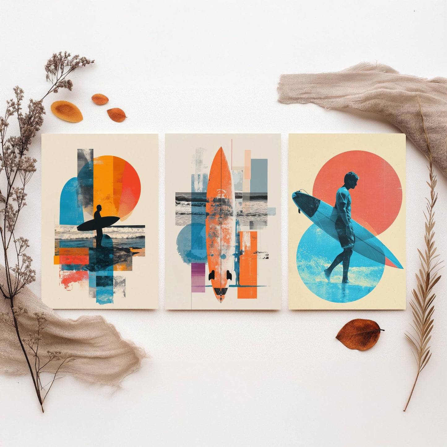 Abstract Surf Set of Three Art Prints - Geometric Surfboard Collage Posters - Modern Mixed Media Illustration Gift V2