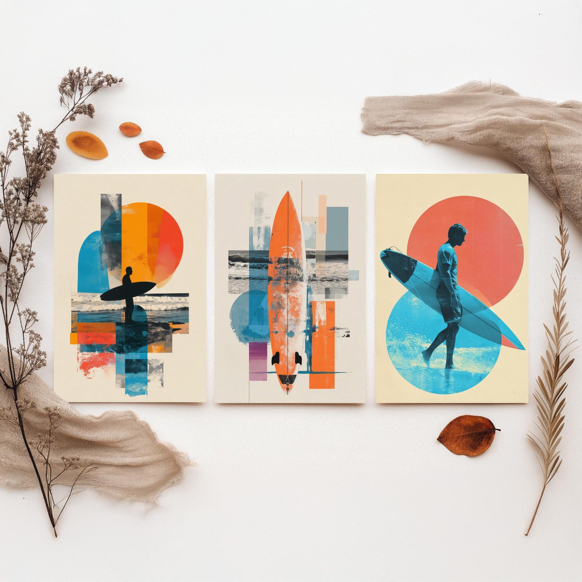 Abstract Surf Set of Three Art Prints - Geometric Surfboard Collage Posters - Modern Mixed Media Illustration Gift V2