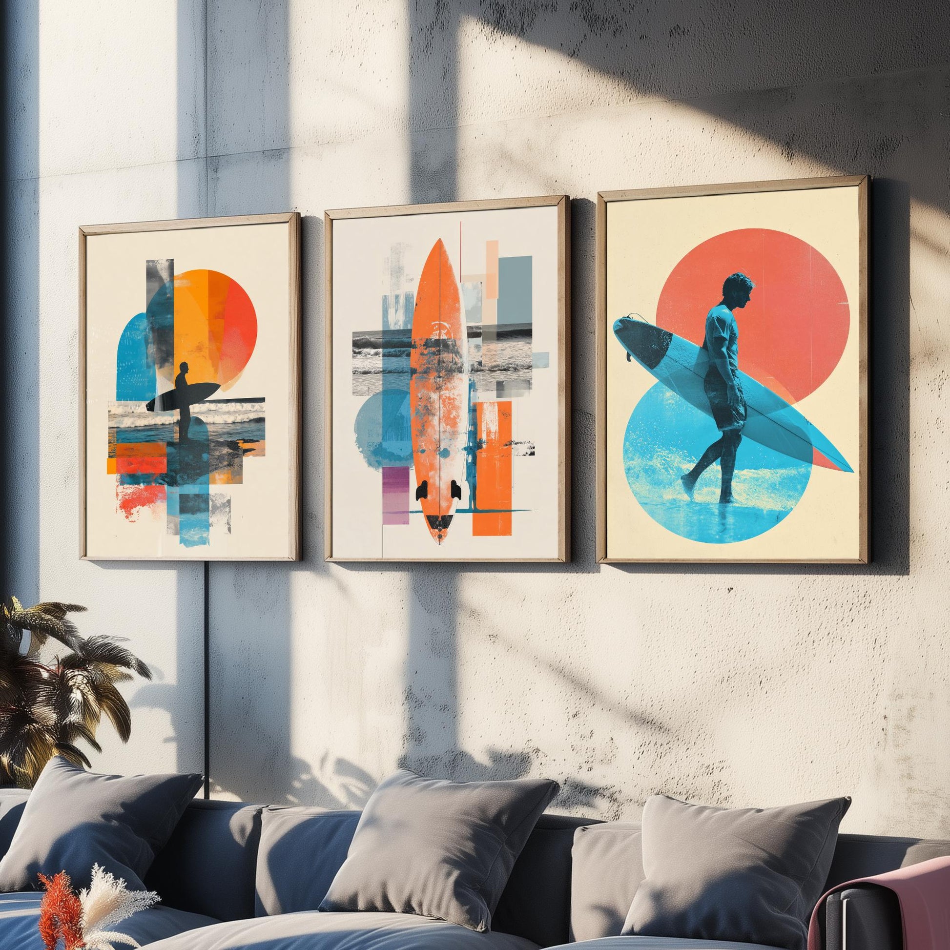 Abstract Surf Set of Three Art Prints - Geometric Surfboard Collage Posters - Modern Mixed Media Illustration Gift V2