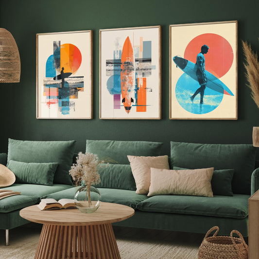 Abstract Surf Set of Three Art Prints - Geometric Surfboard Collage Posters - Modern Mixed Media Illustration Gift V2