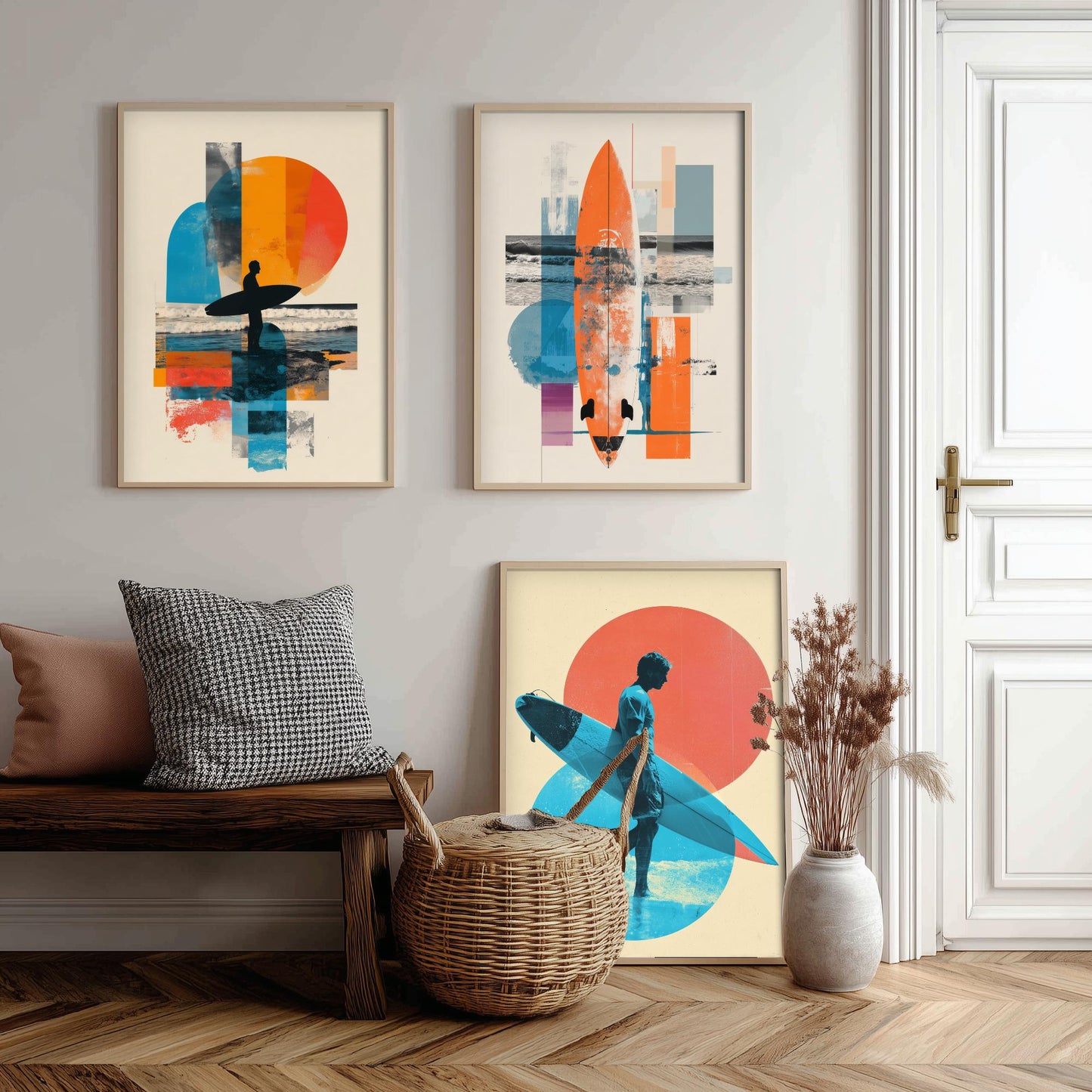 Abstract Surf Set of Three Art Prints - Geometric Surfboard Collage Posters - Modern Mixed Media Illustration Gift V2