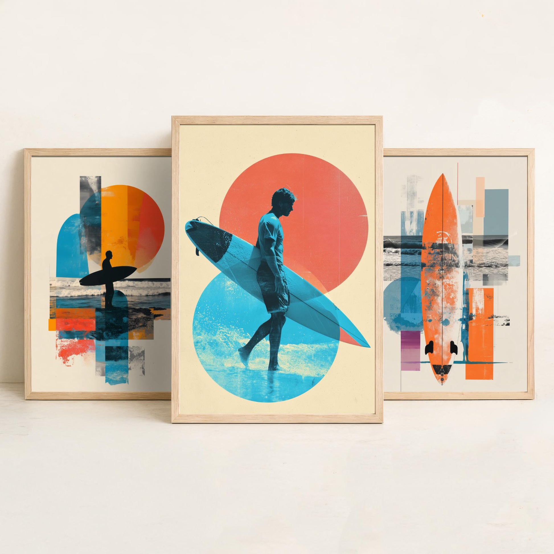 Abstract Surf Set of Three Art Prints - Geometric Surfboard Collage Posters - Modern Mixed Media Illustration Gift V2