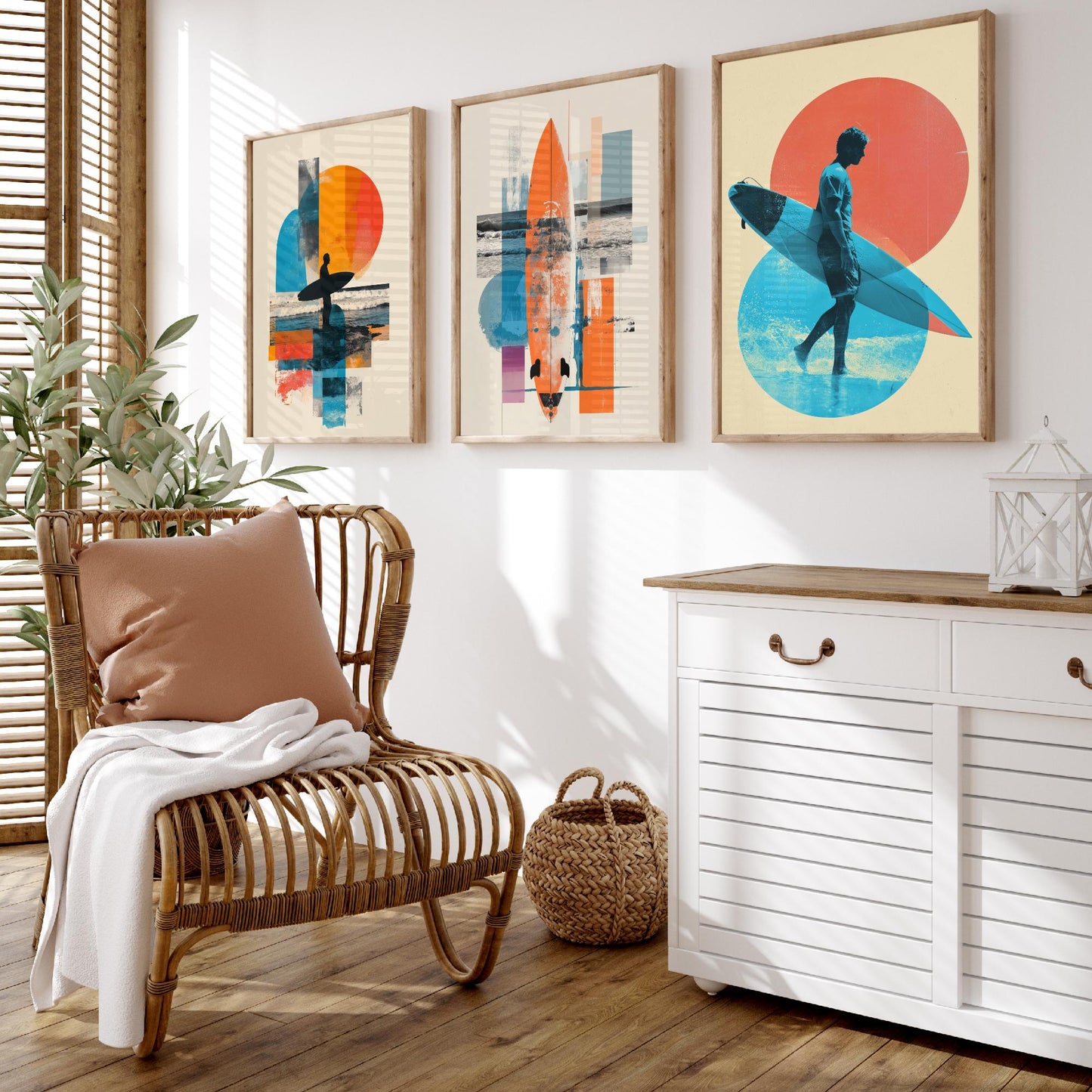 Abstract Surf Set of Three Art Prints - Geometric Surfboard Collage Posters - Modern Mixed Media Illustration Gift V2