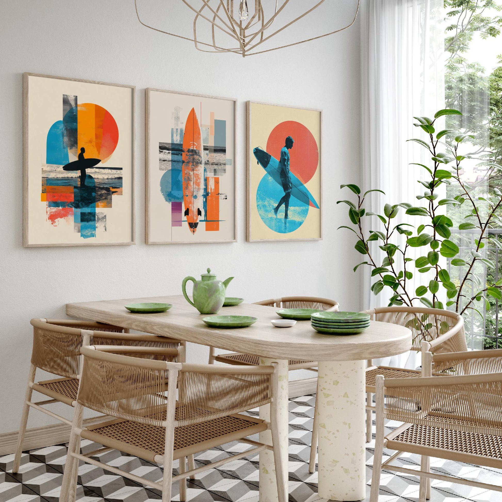 Abstract Surf Set of Three Art Prints - Geometric Surfboard Collage Posters - Modern Mixed Media Illustration Gift V2