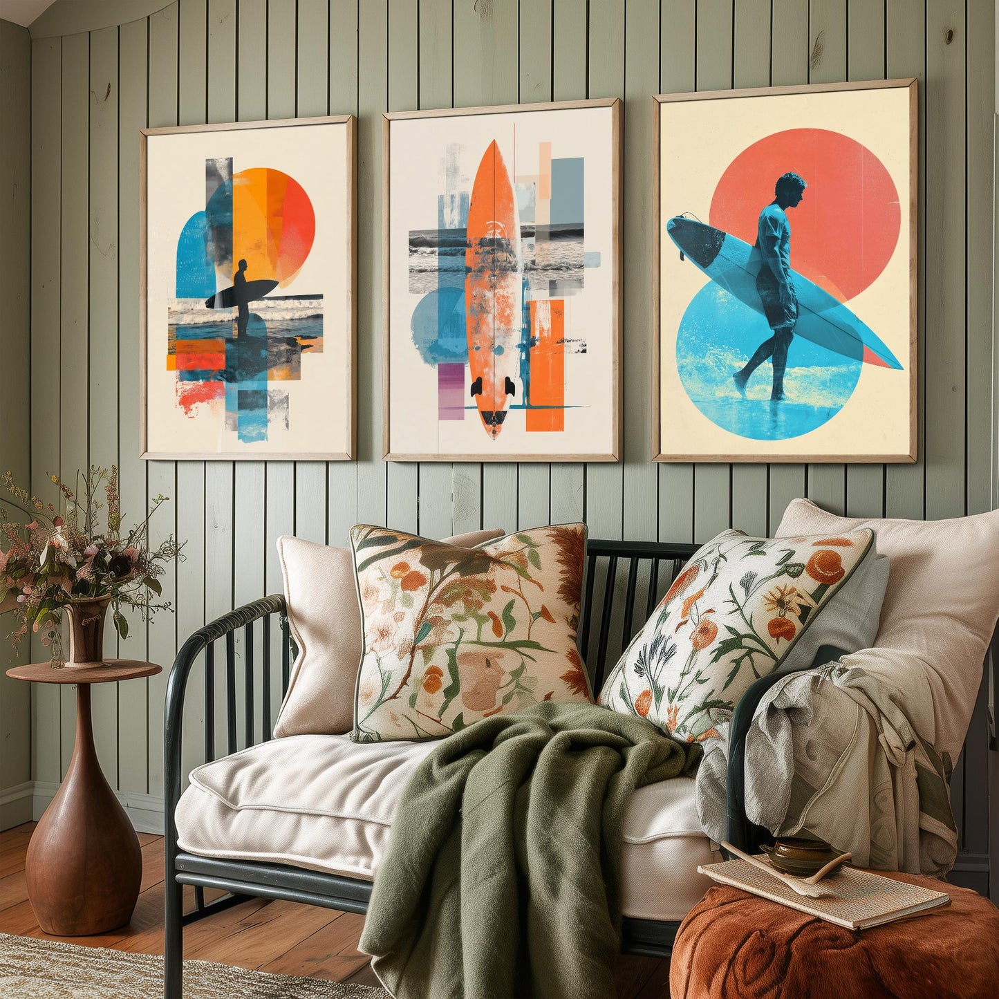 Abstract Surf Set of Three Art Prints - Geometric Surfboard Collage Posters - Modern Mixed Media Illustration Gift V2