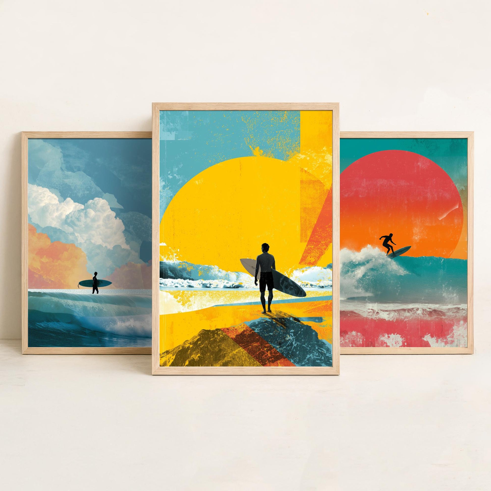 Sunset Surf Set of Three Art Prints - Surfer Wave Sunrise Collage Posters - Bold Digital Illustration Beach Gift V3