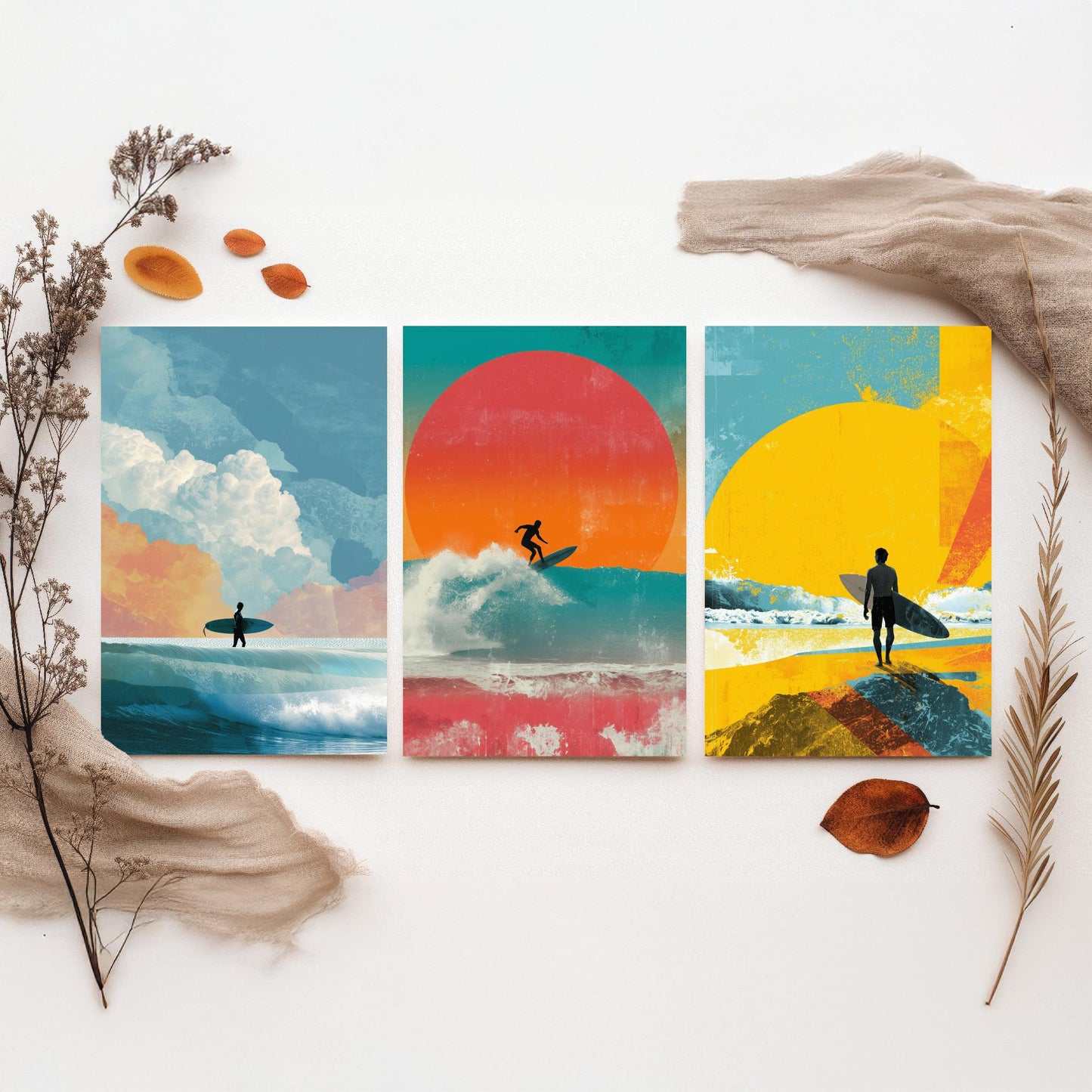 Sunset Surf Set of Three Art Prints - Surfer Wave Sunrise Collage Posters - Bold Digital Illustration Beach Gift V3