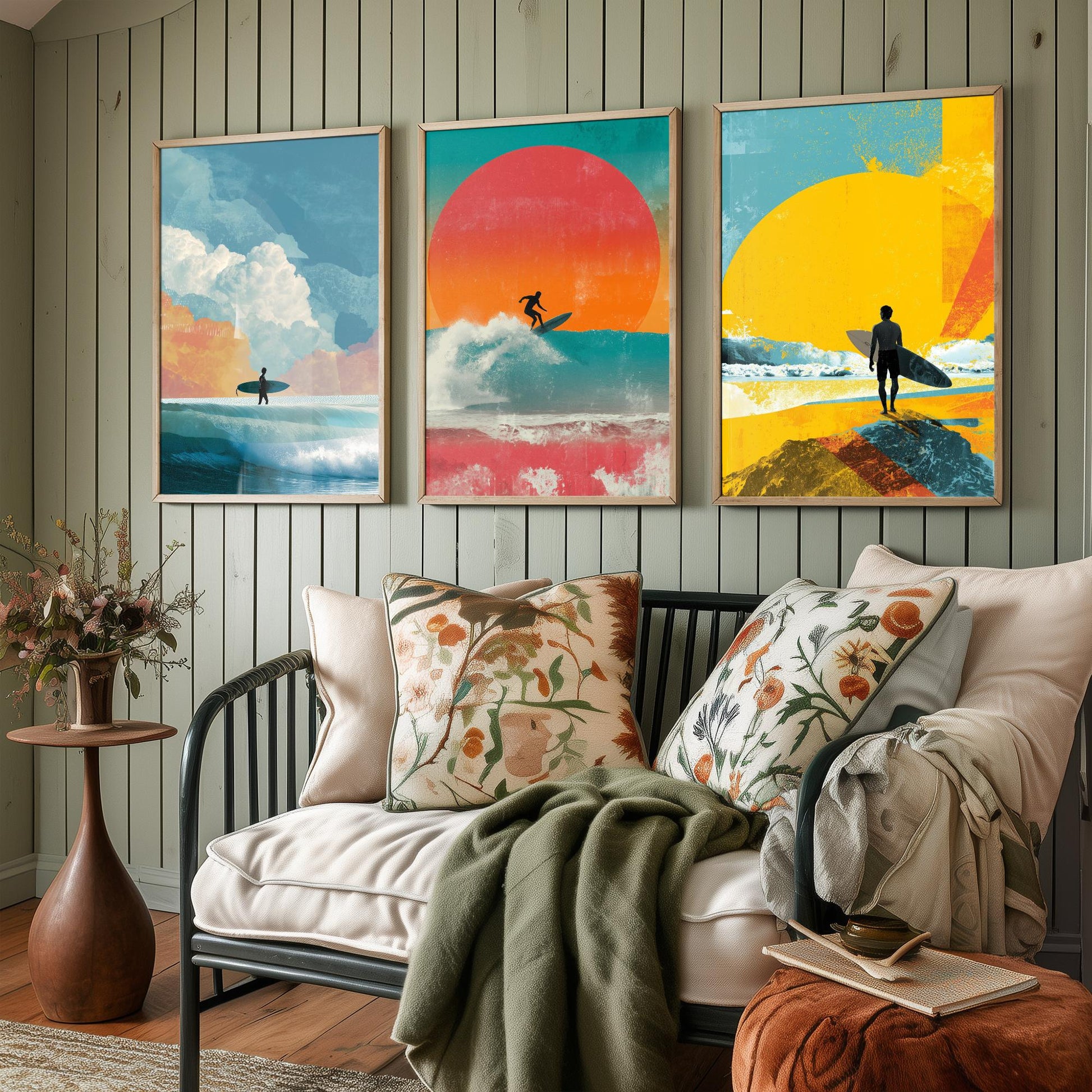 Sunset Surf Set of Three Art Prints - Surfer Wave Sunrise Collage Posters - Bold Digital Illustration Beach Gift V3