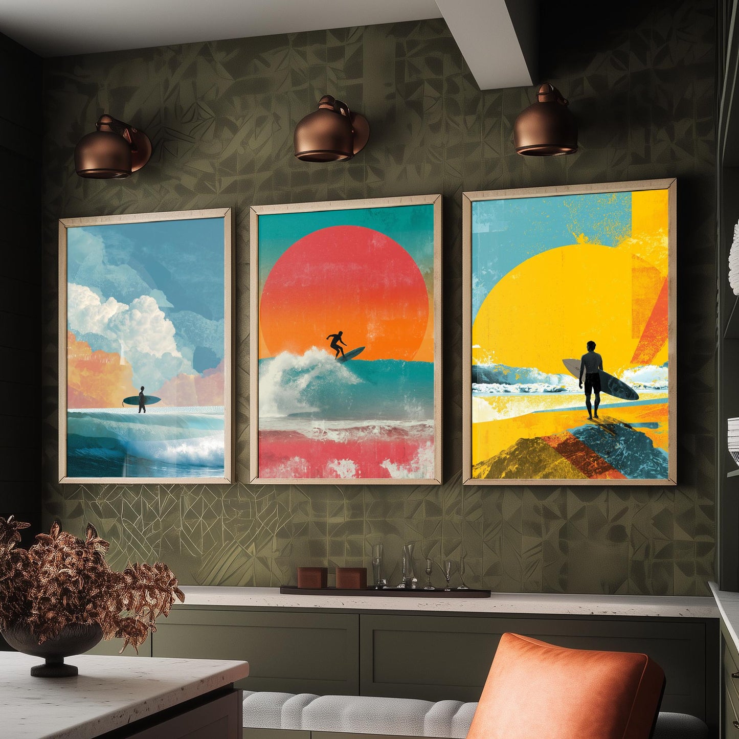 Sunset Surf Set of Three Art Prints - Surfer Wave Sunrise Collage Posters - Bold Digital Illustration Beach Gift V3
