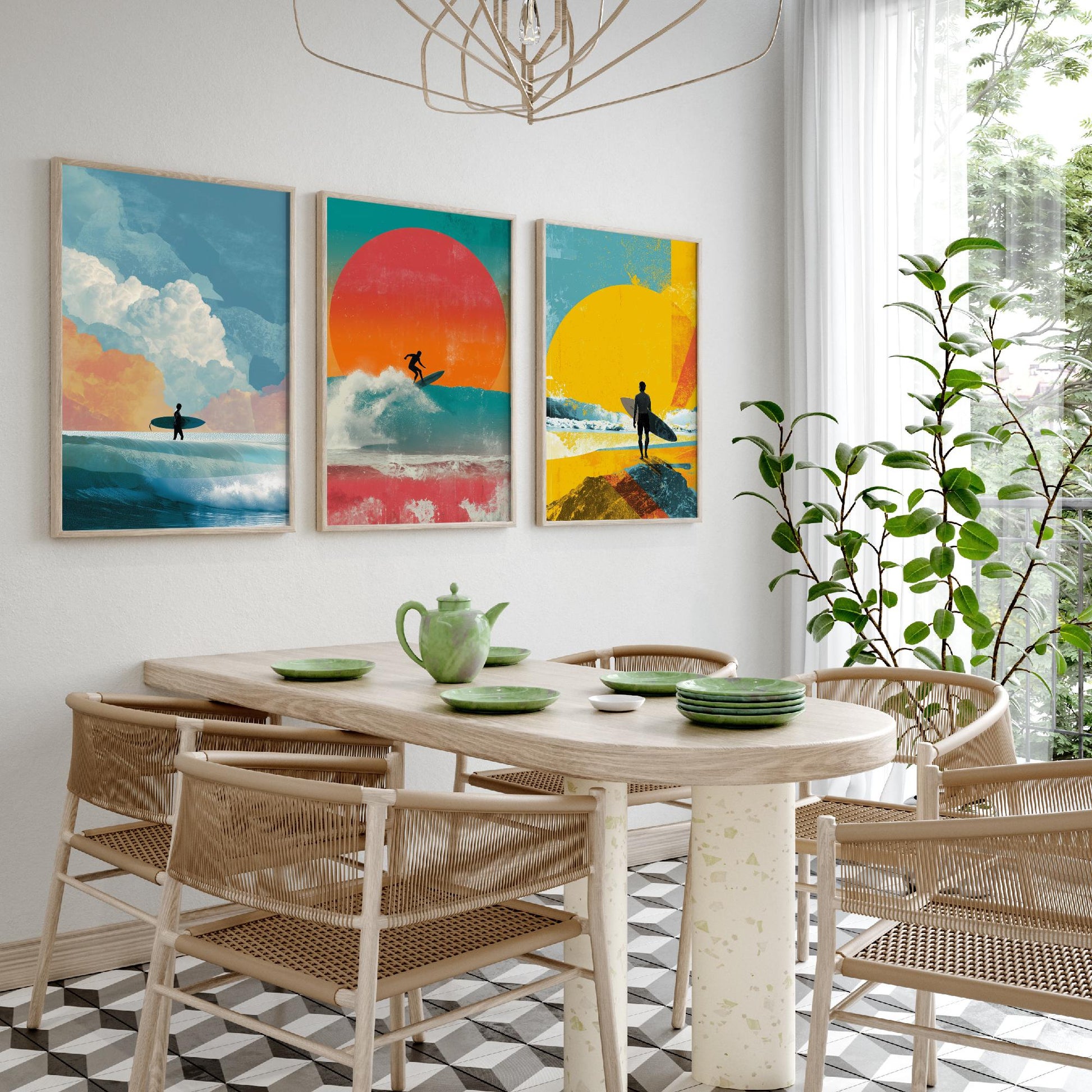 Sunset Surf Set of Three Art Prints - Surfer Wave Sunrise Collage Posters - Bold Digital Illustration Beach Gift V3
