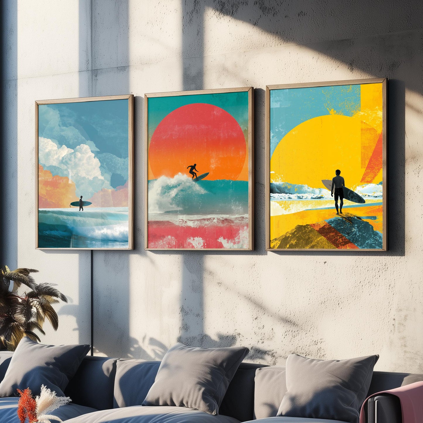 Sunset Surf Set of Three Art Prints - Surfer Wave Sunrise Collage Posters - Bold Digital Illustration Beach Gift V3