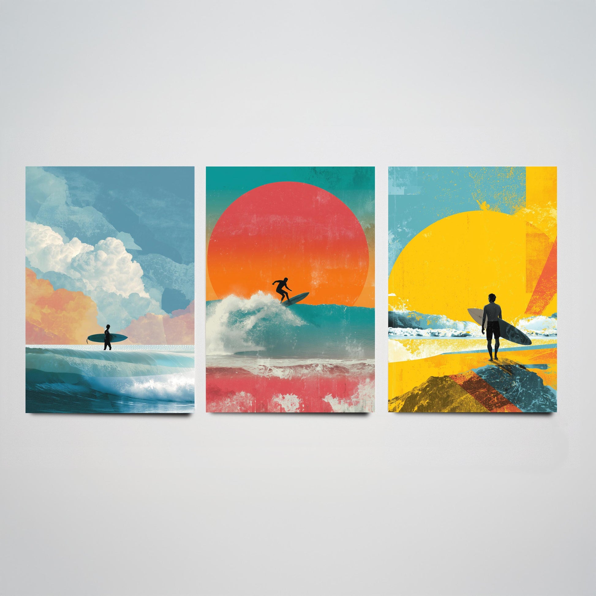 Sunset Surf Set of Three Art Prints - Surfer Wave Sunrise Collage Posters - Bold Digital Illustration Beach Gift V3