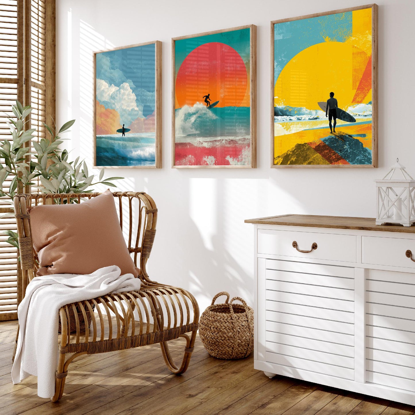 Sunset Surf Set of Three Art Prints - Surfer Wave Sunrise Collage Posters - Bold Digital Illustration Beach Gift V3