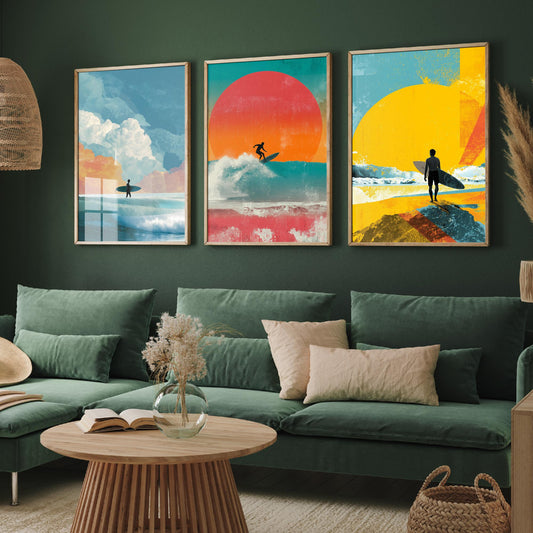 Sunset Surf Set of Three Art Prints - Surfer Wave Sunrise Collage Posters - Bold Digital Illustration Beach Gift V3