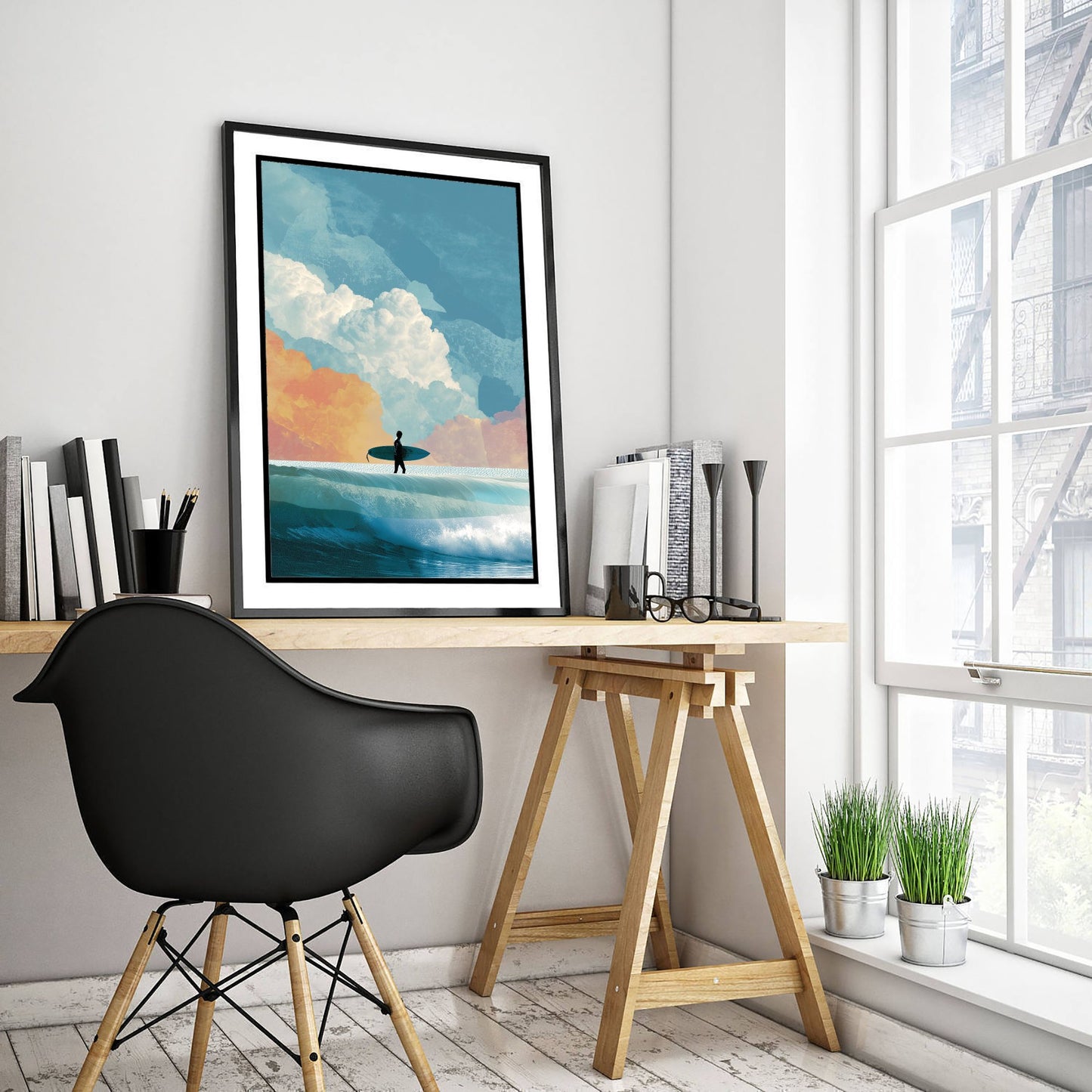 Surfing Collage Art Print - Retro Surfer Poster - Vintage Wave Illustration - Cloudy Surf V3 1/3