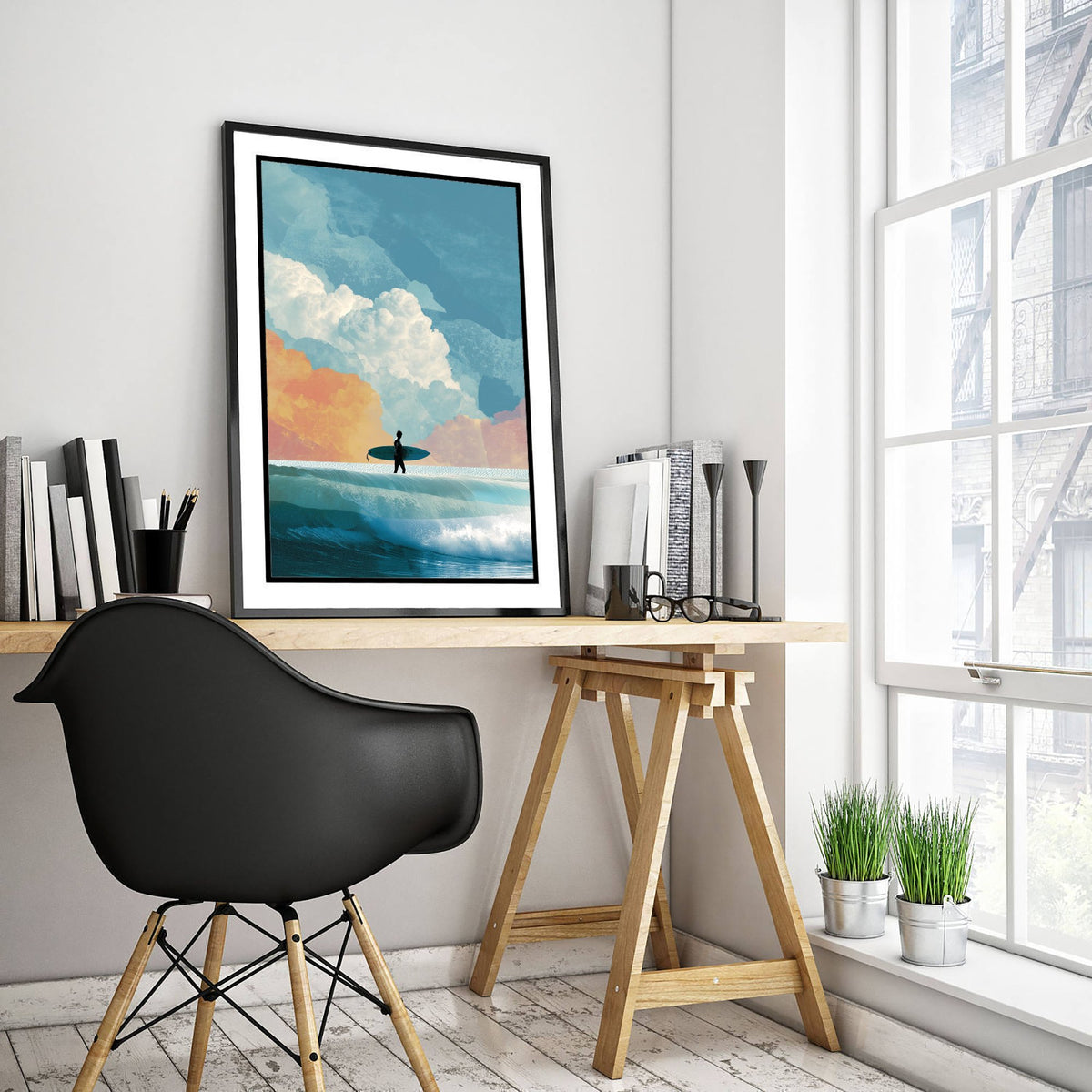 Surfing Collage Art Print - Retro Surfer Poster - Vintage Wave Illustration - Cloudy Surf V3 1/3