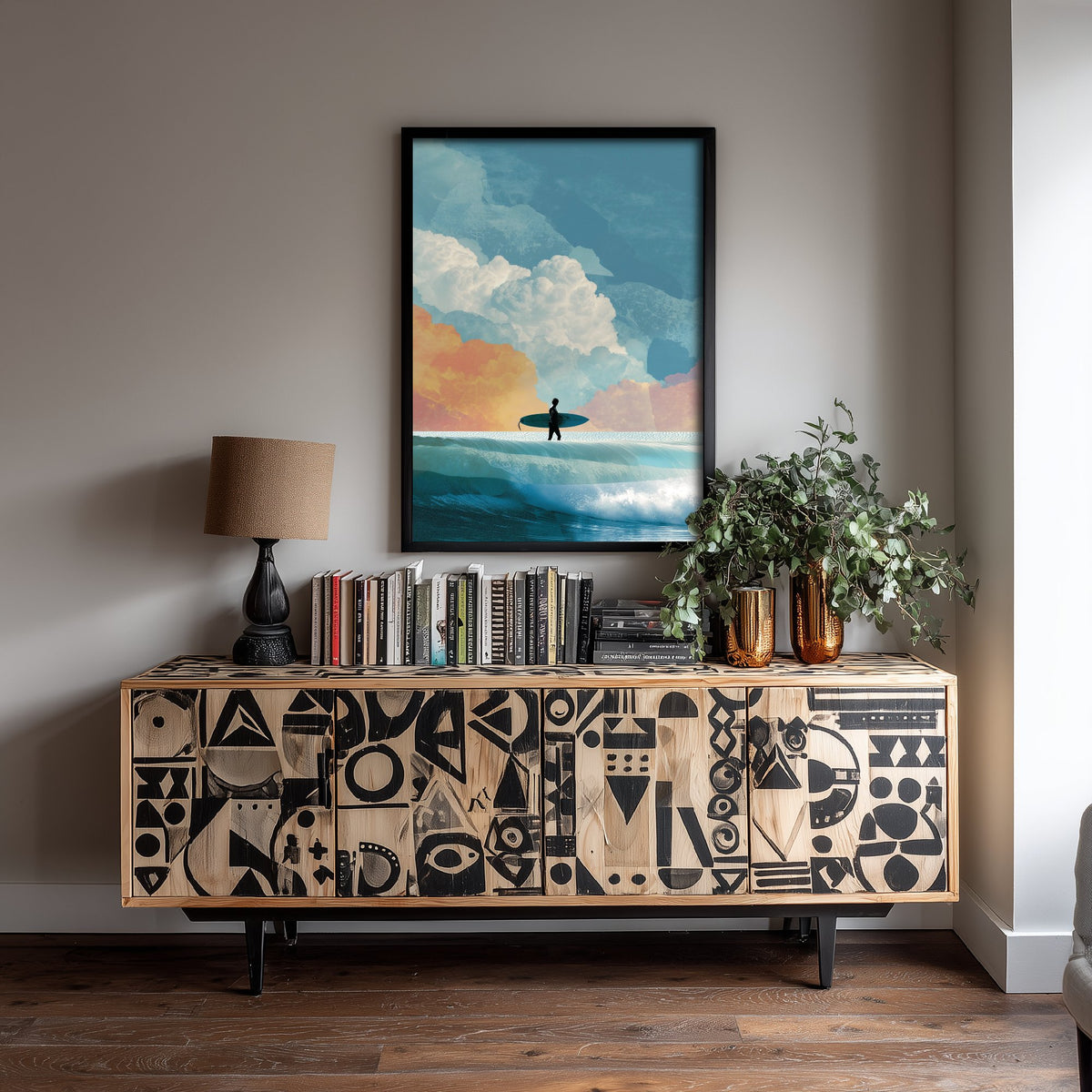 Surfing Collage Art Print - Retro Surfer Poster - Vintage Wave Illustration - Cloudy Surf V3 1/3