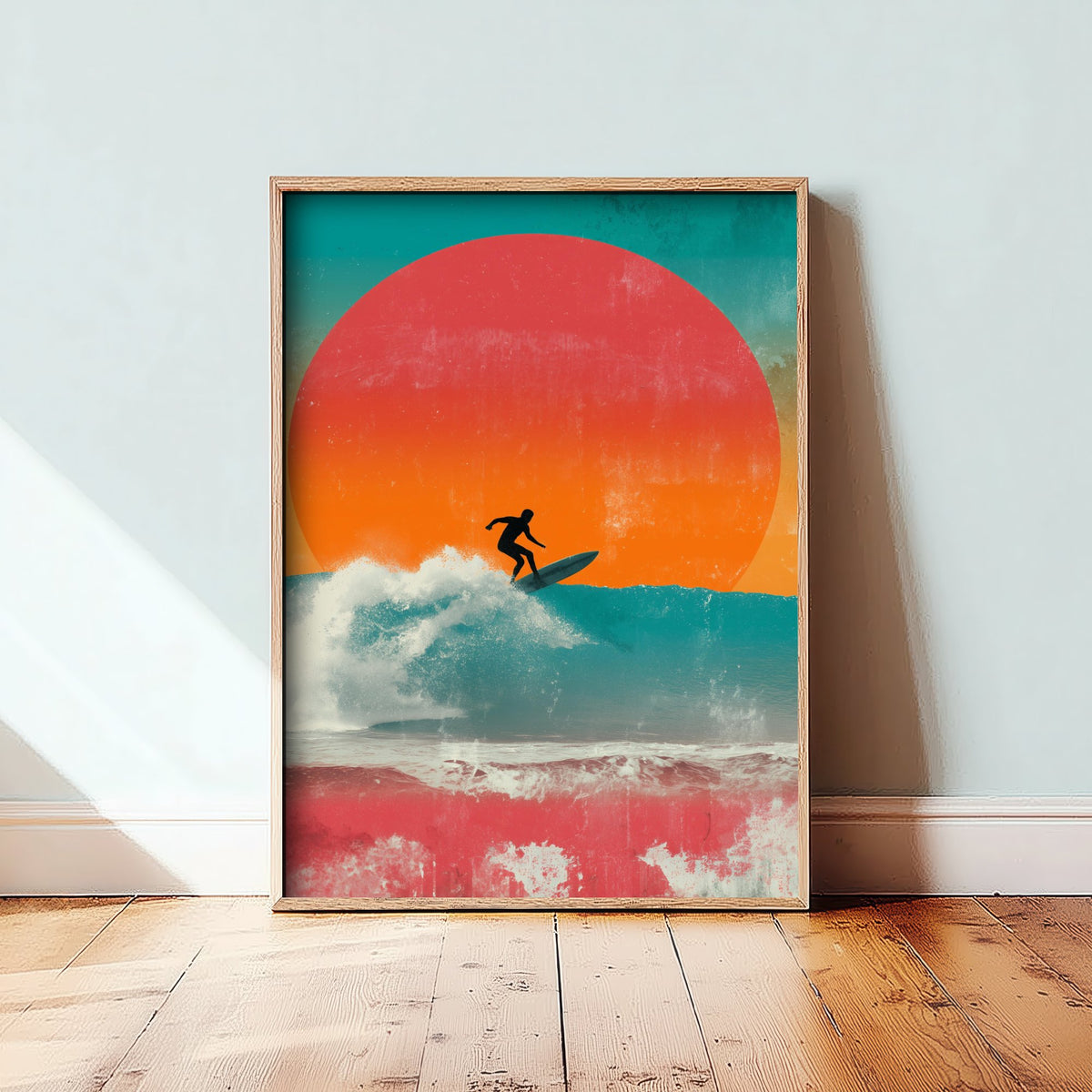 Surfing Collage Art Print - Retro Surfer Poster - Vintage Wave Illustration - Red Sun Wave V3 2/3