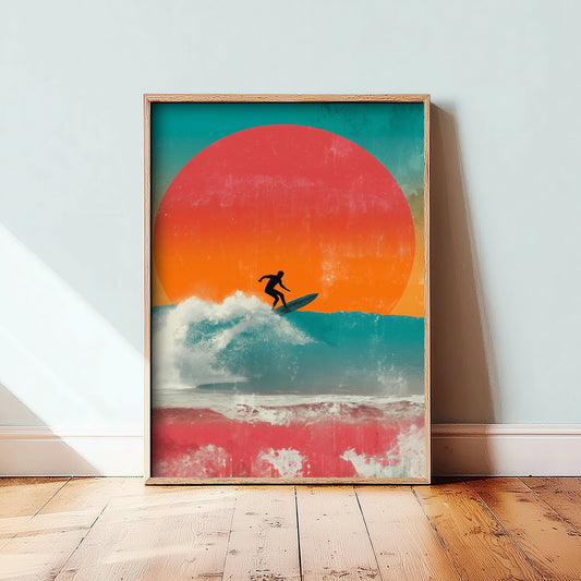 Surfing Collage Art Print - Retro Surfer Poster - Vintage Wave Illustration - Red Sun Wave V3 2/3
