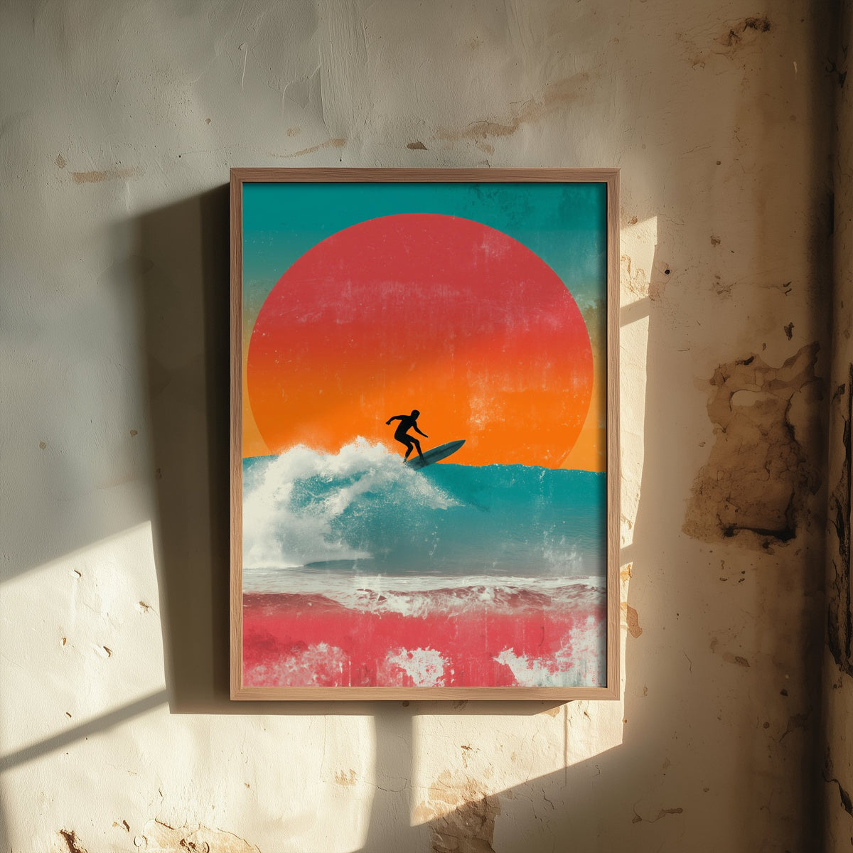 Surfing Collage Art Print - Retro Surfer Poster - Vintage Wave Illustration - Red Sun Wave V3 2/3