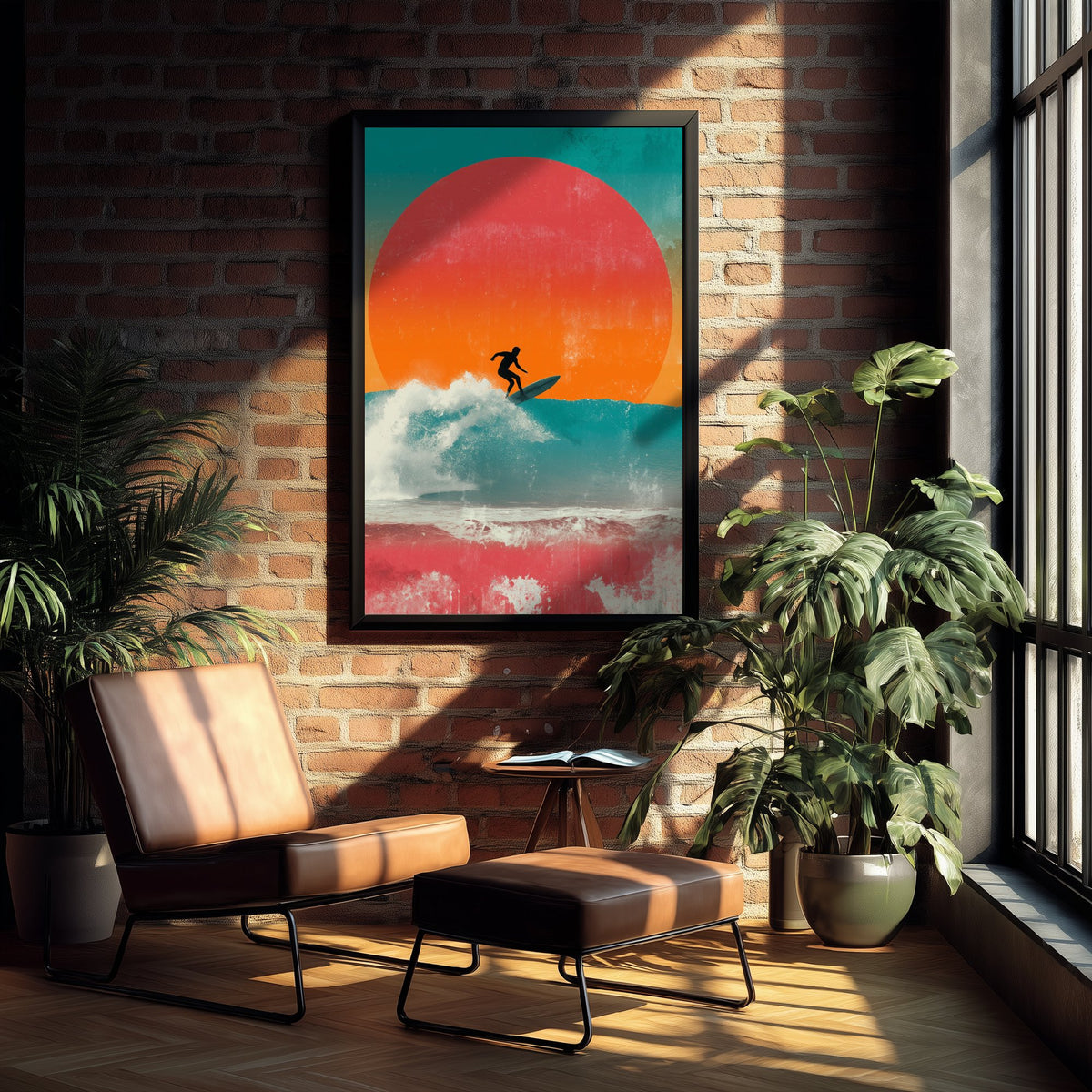 Surfing Collage Art Print - Retro Surfer Poster - Vintage Wave Illustration - Red Sun Wave V3 2/3