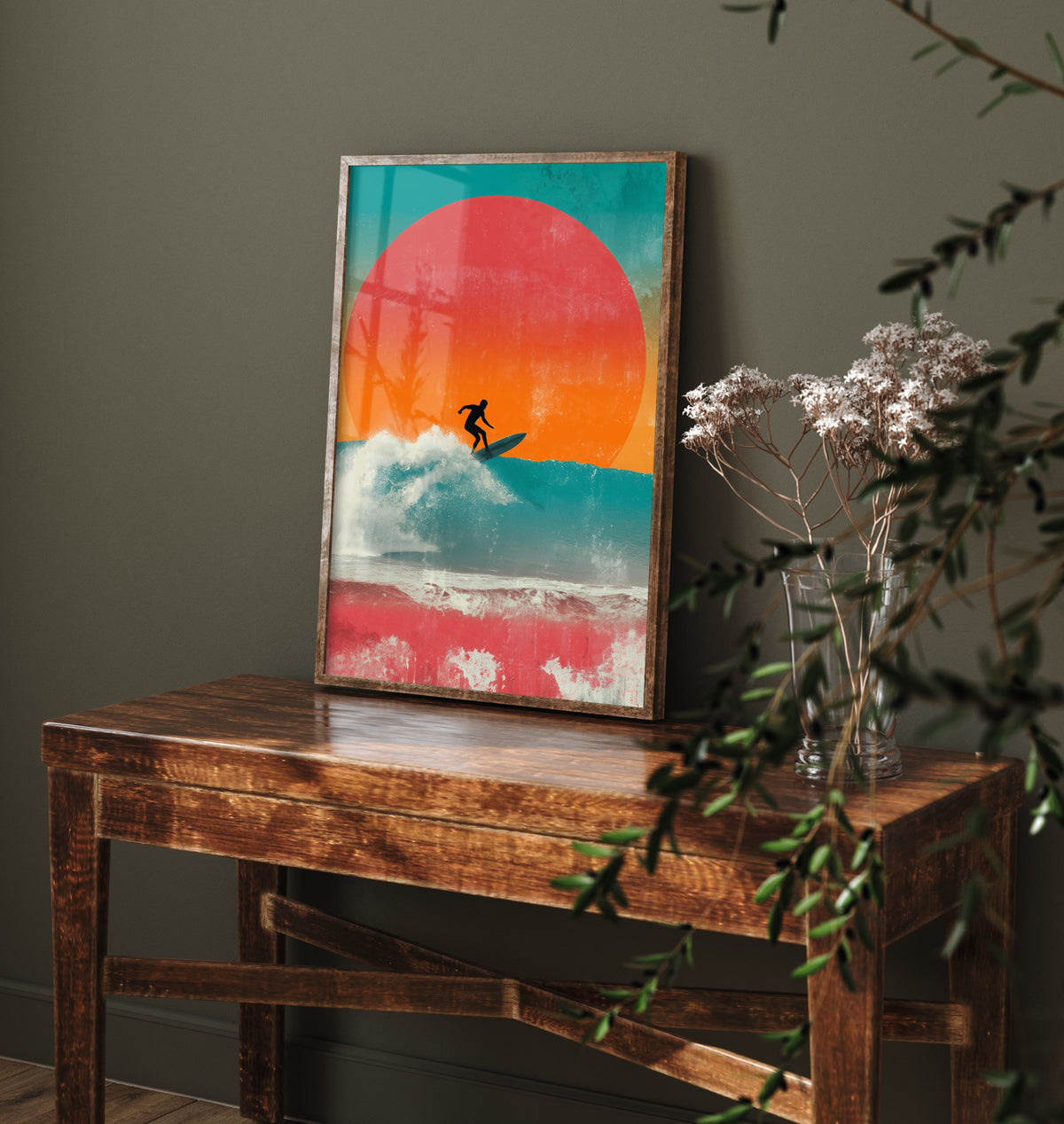 Surfing Collage Art Print - Retro Surfer Poster - Vintage Wave Illustration - Red Sun Wave V3 2/3