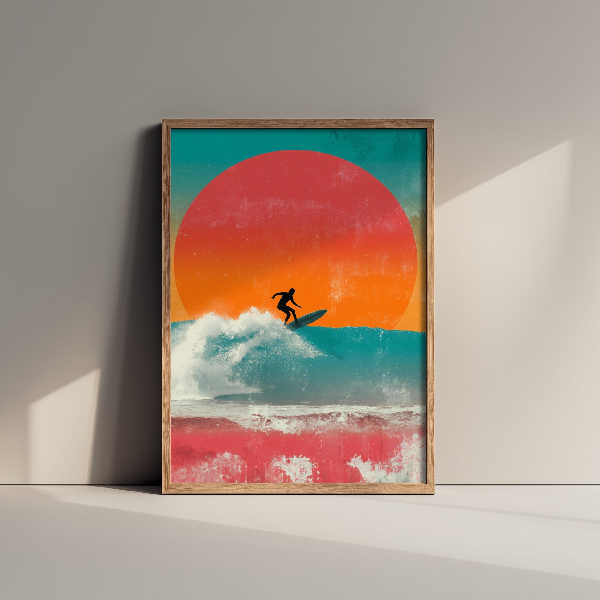 Surfing Collage Art Print - Retro Surfer Poster - Vintage Wave Illustration - Red Sun Wave V3 2/3