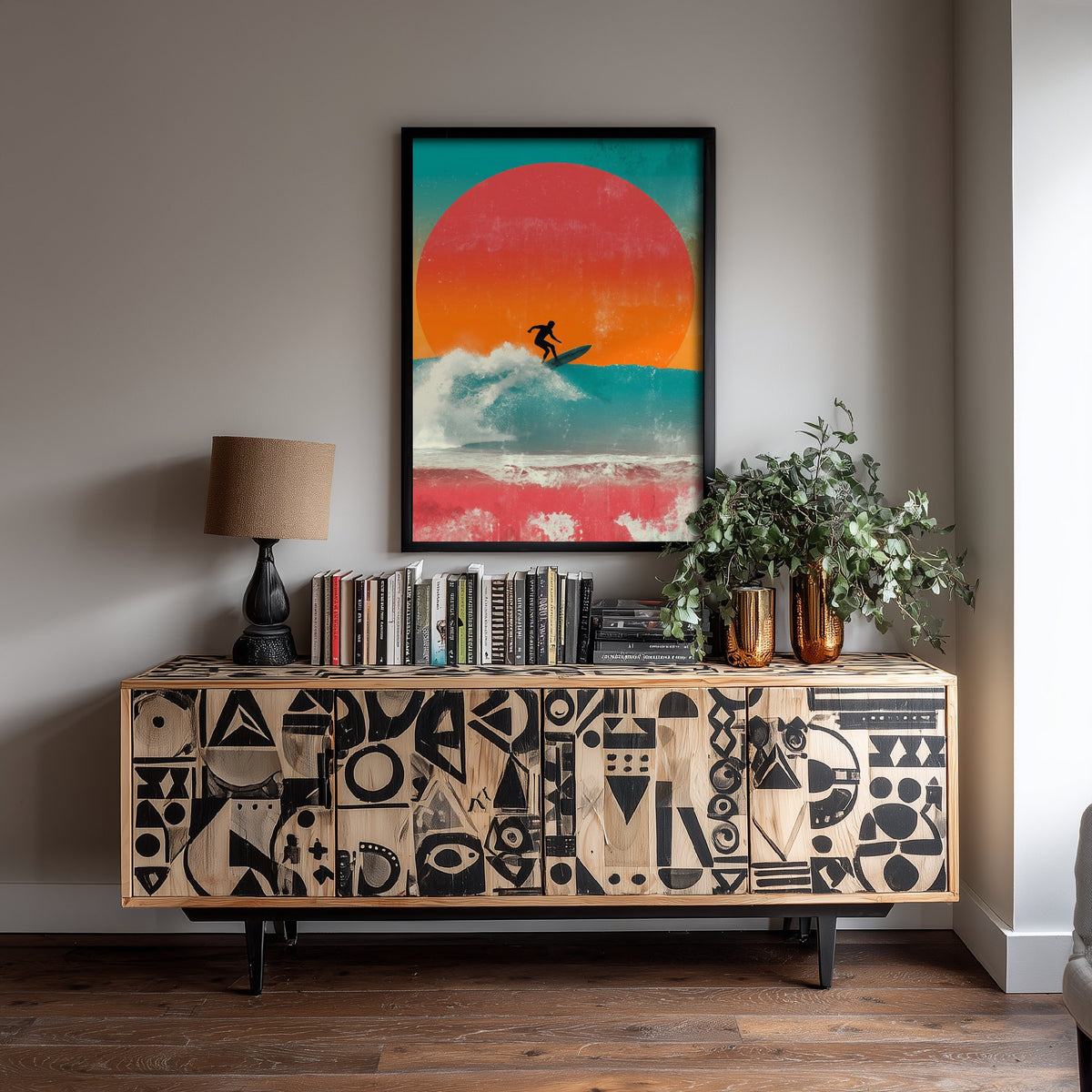 Surfing Collage Art Print - Retro Surfer Poster - Vintage Wave Illustration - Red Sun Wave V3 2/3