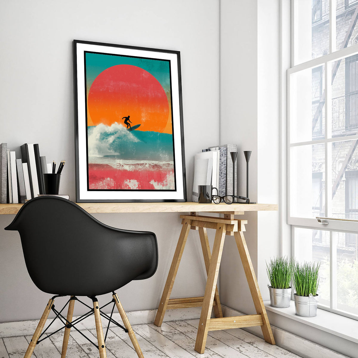 Surfing Collage Art Print - Retro Surfer Poster - Vintage Wave Illustration - Red Sun Wave V3 2/3