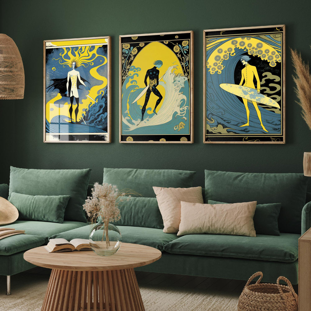 Art Nouveau Surfers Set of Three Art Prints - Yellow and Blue Surf Posters - Vintage Graphic Illustration Poster