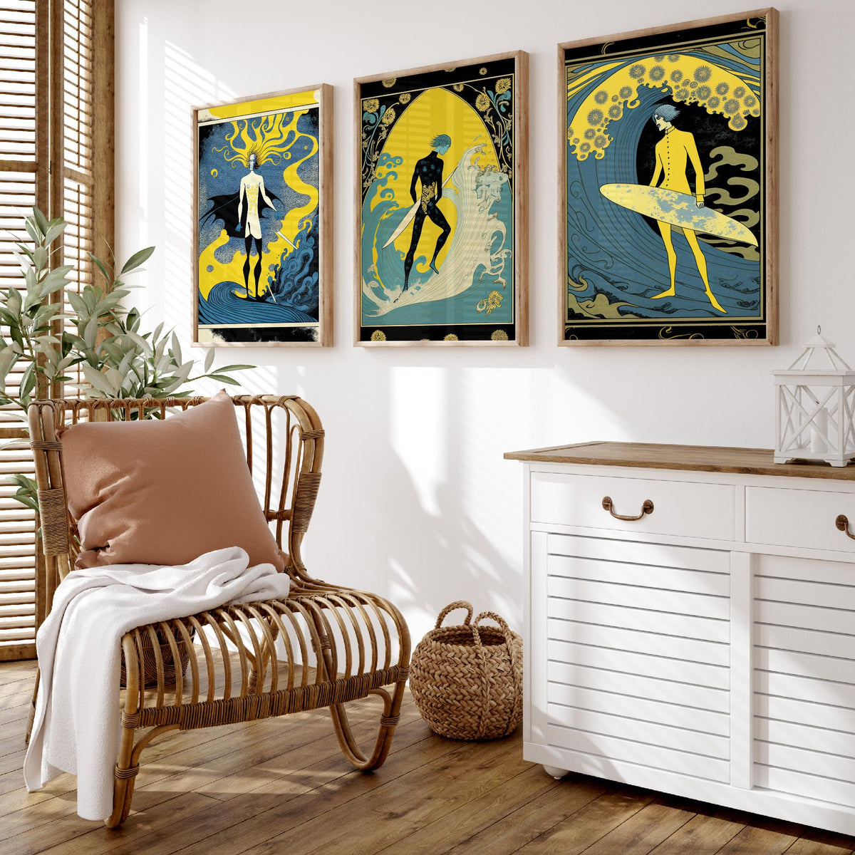 Art Nouveau Surfers Set of Three Art Prints - Yellow and Blue Surf Posters - Vintage Graphic Illustration Poster