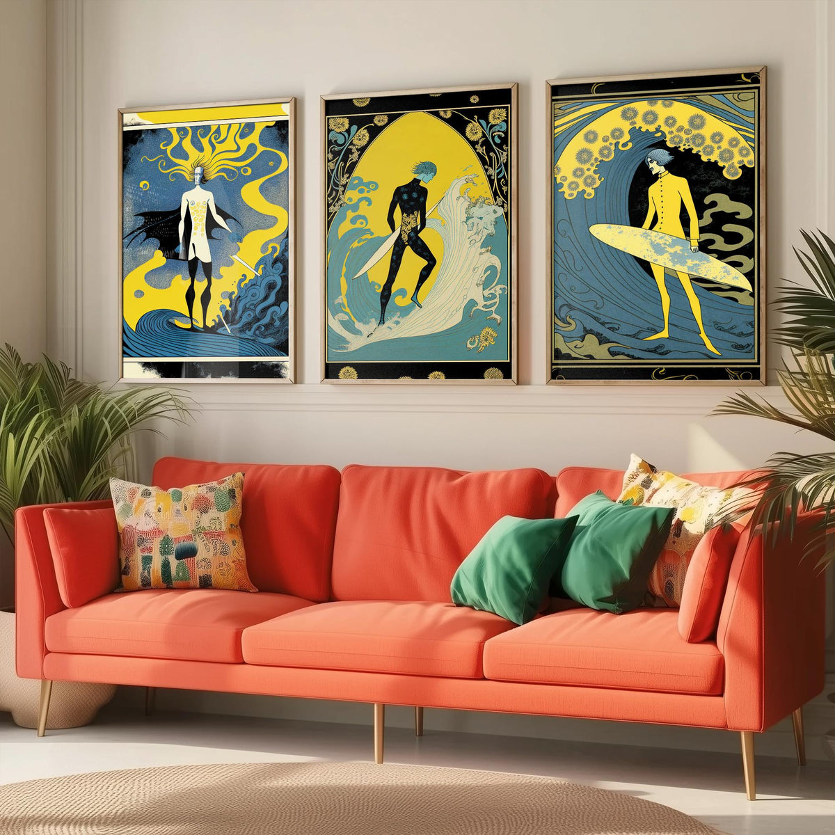 Art Nouveau Surfers Set of Three Art Prints - Yellow and Blue Surf Posters - Vintage Graphic Illustration Poster