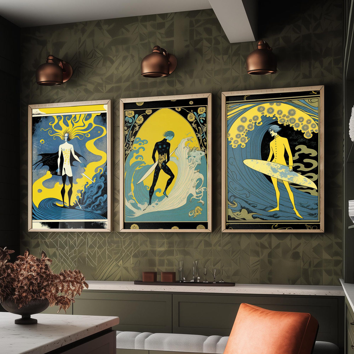 Art Nouveau Surfers Set of Three Art Prints - Yellow and Blue Surf Posters - Vintage Graphic Illustration Poster