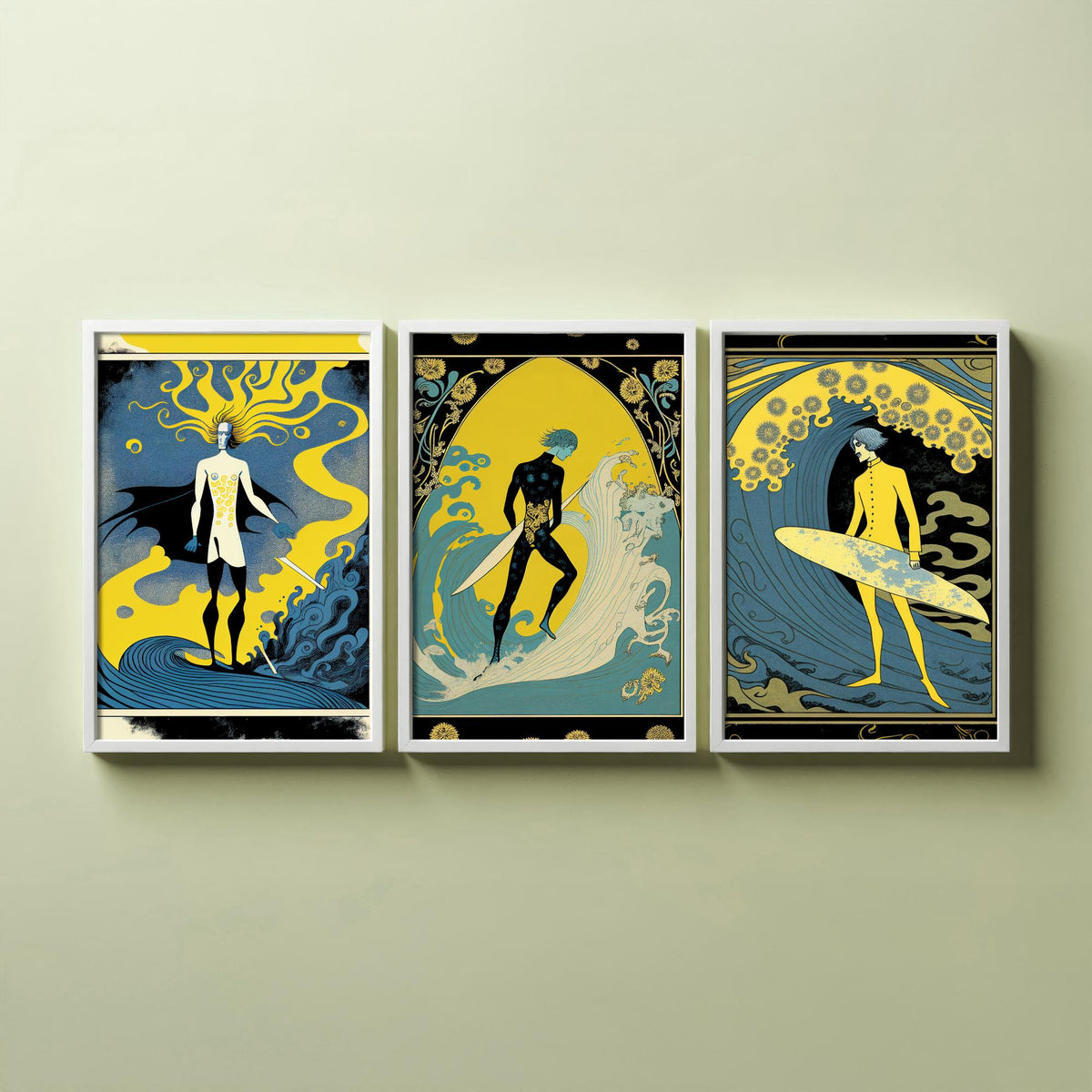 Art Nouveau Surfers Set of Three Art Prints - Yellow and Blue Surf Posters - Vintage Graphic Illustration Poster